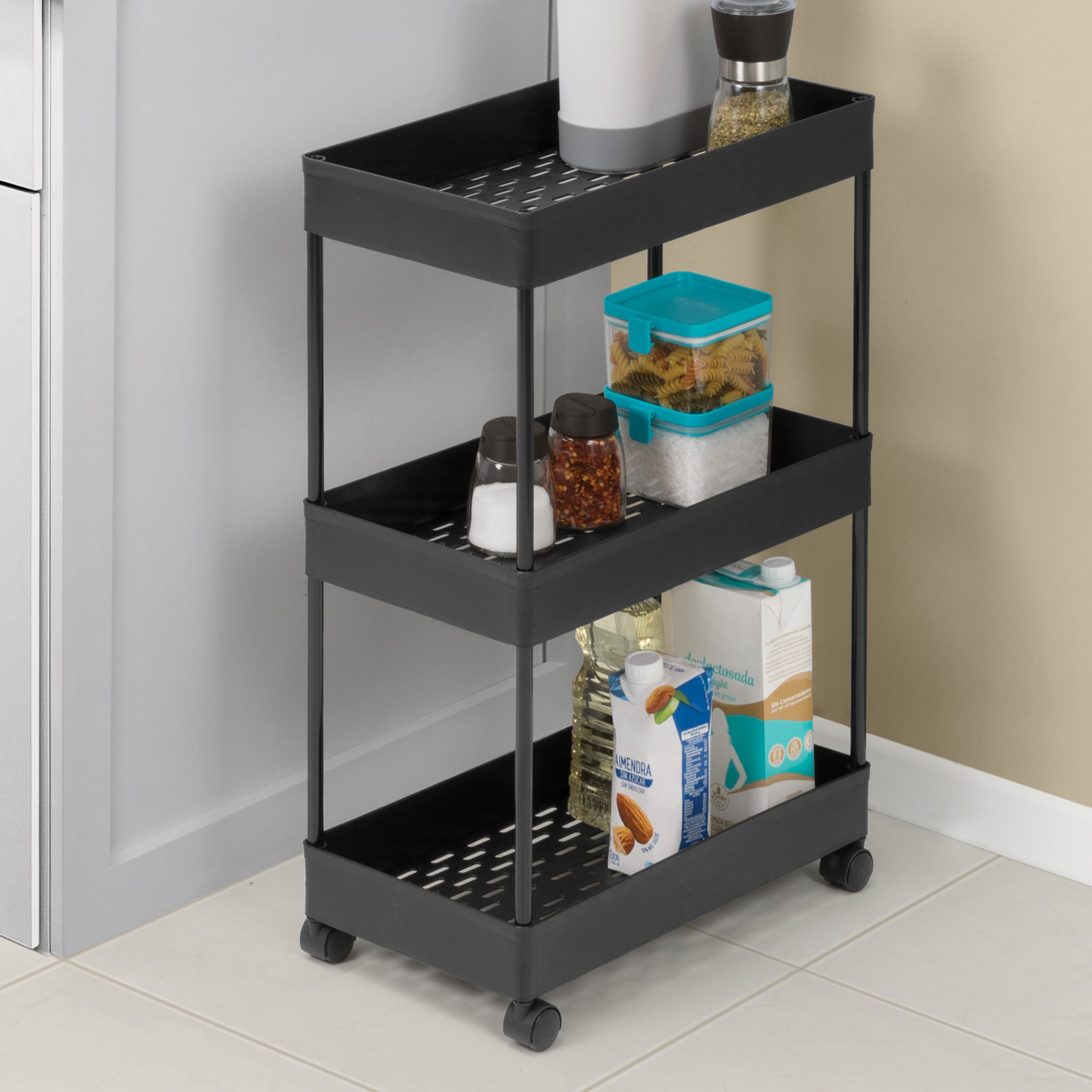 Black Storage Cart with Wheels - 3-Tier Rolling Utility Organizer for Kitchen, Bathroom, Office | Space-Saving Mobile Storage Solution for Home & Work