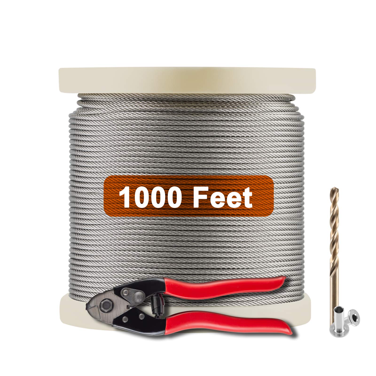Fiberfly 1/8 Inch T316 Stainless Steel Cable Rope 1000Ft with Cutter - 7x7 Strands Construction, 20 Pcs Stainless Steel Protector Sleeves Included - Heavy Duty Aircraft Cable for Deck Railing, Marine, Fencing & DIY Projects