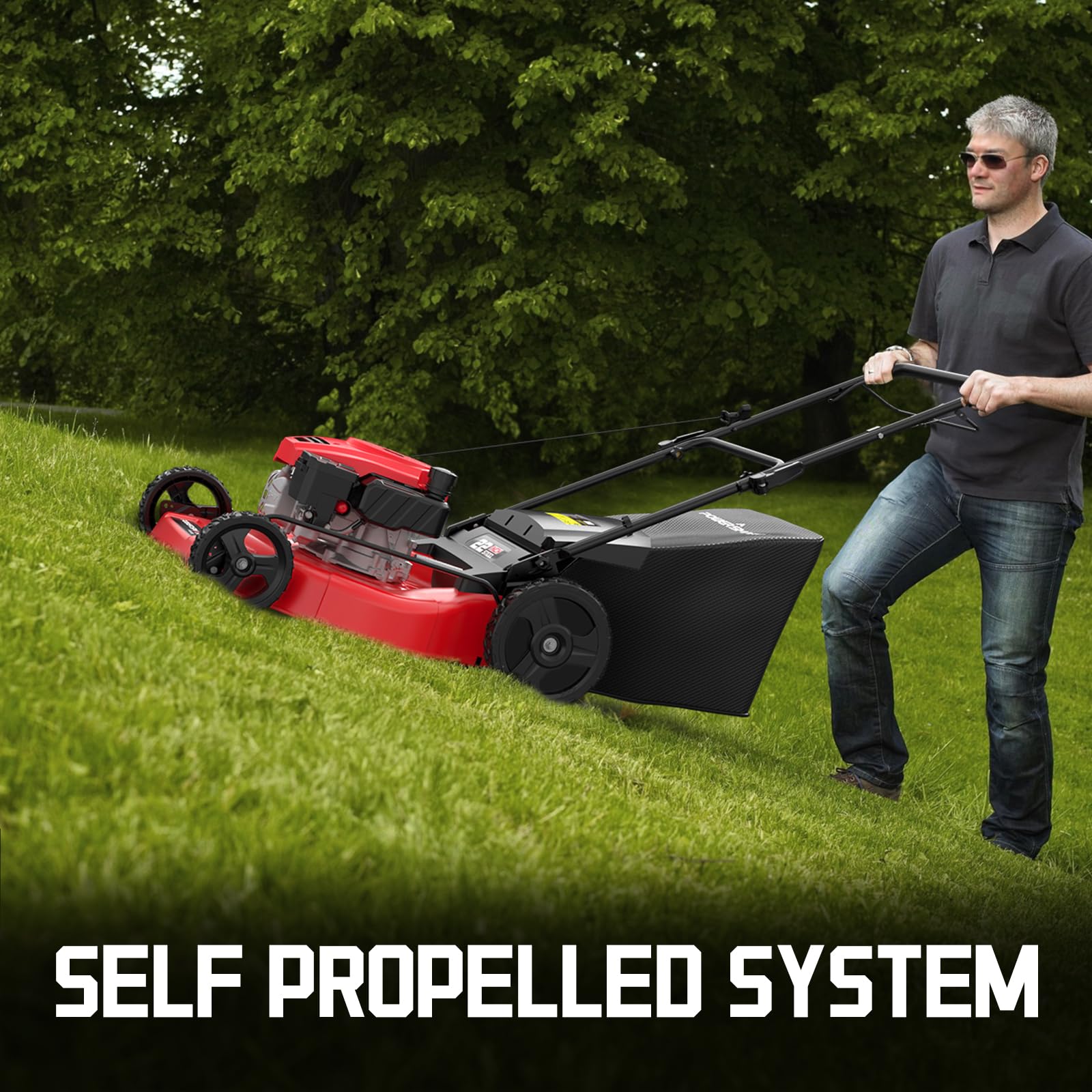 PowerSmart 22-Inch Self-Propelled Gas Lawn Mower with 170cc OHV Engine - High Wheel RWD 3-in-1 Cutting System & Adjustable Height - Includes Oil (Red) - Perfect for Medium to Large Yards, Residential Lawn Care & Landscaping