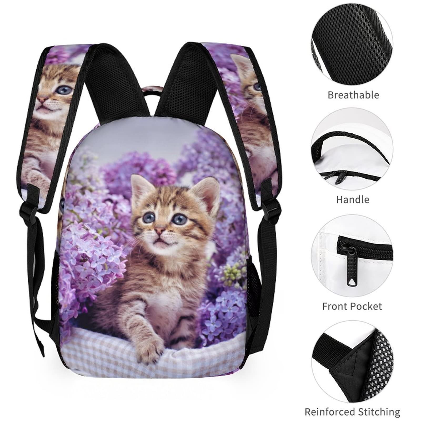 Cute Kitten Purple Flower Kids Backpack for School - Durable Bookbag for Boys & Girls - Perfect for Elementary Students, Daycare & Travel Accessories
