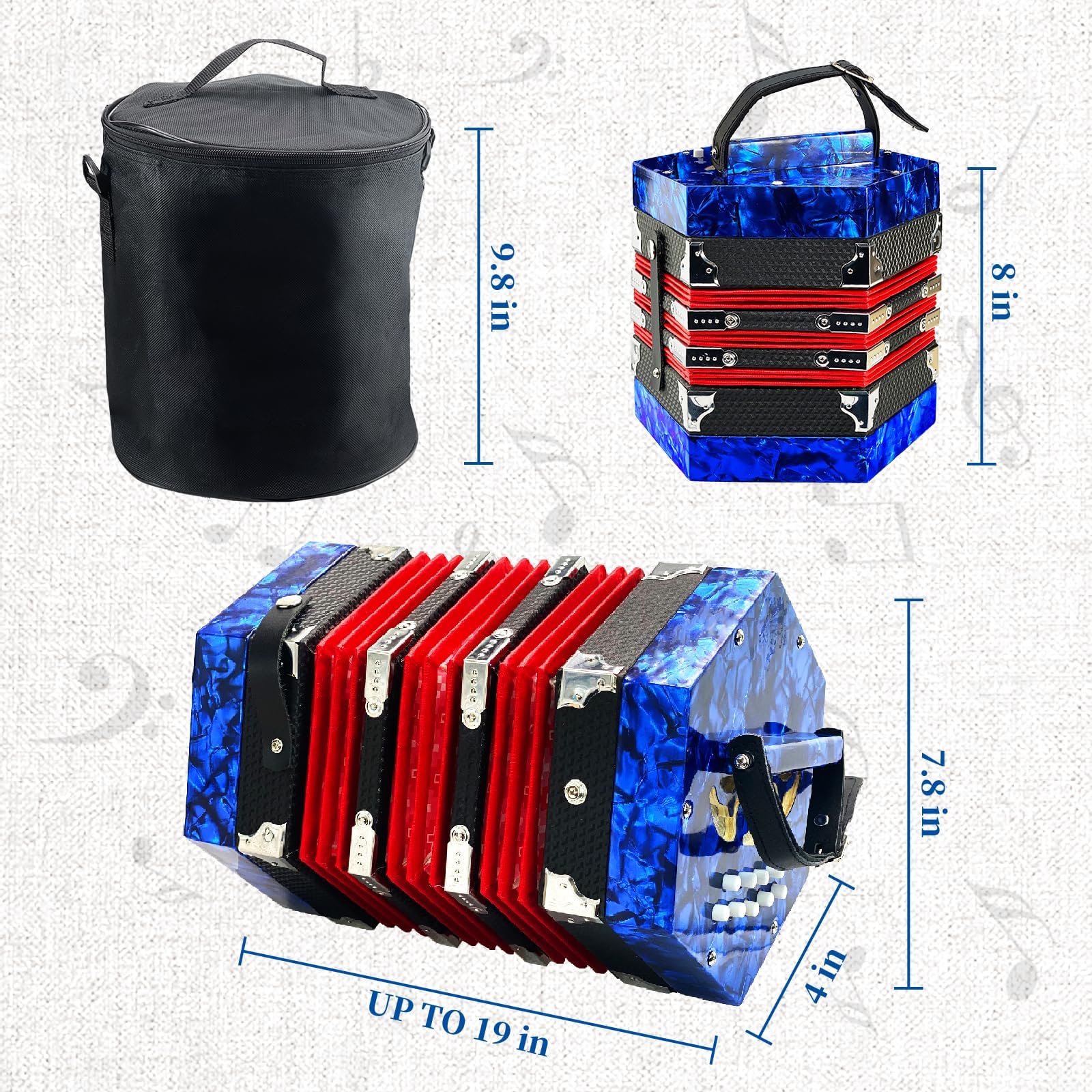 20-Key Professional Concertina Accordion for Adults & Beginners - Adjustable Hand Straps, Blue - Perfect for Music Practice, Performances & Travel