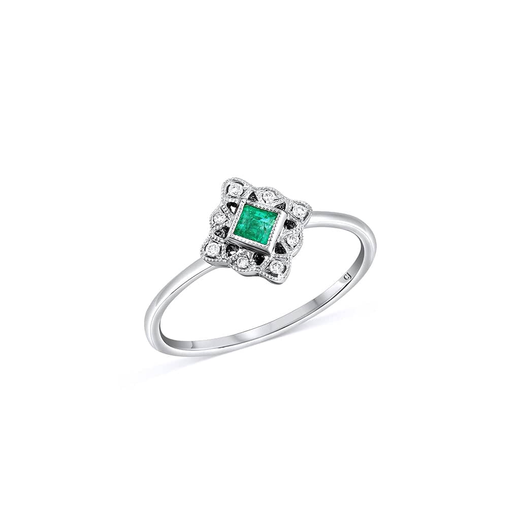 14K White Gold 0.15ct Emerald & 0.04ct Diamond Art Deco Vintage Ring for Women - Elegant Gift for Anniversary, Engagement & Special Occasions