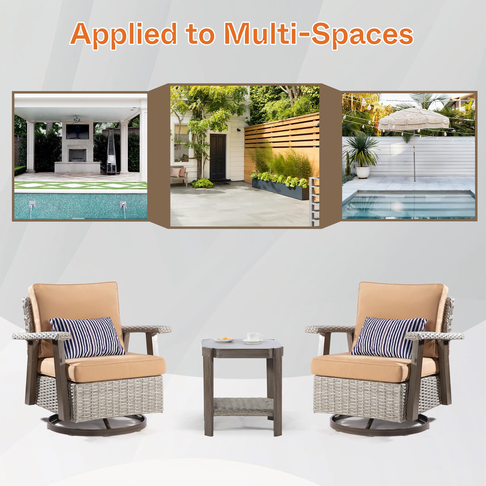 360° Swivel Rocker Patio Chair with Side Table - 2-Piece Outdoor Wicker Furniture Set, Durable Fabric Cushion & Ergonomic Design (Grey/Camel) - Perfect for Backyard, Poolside & Garden Relaxation