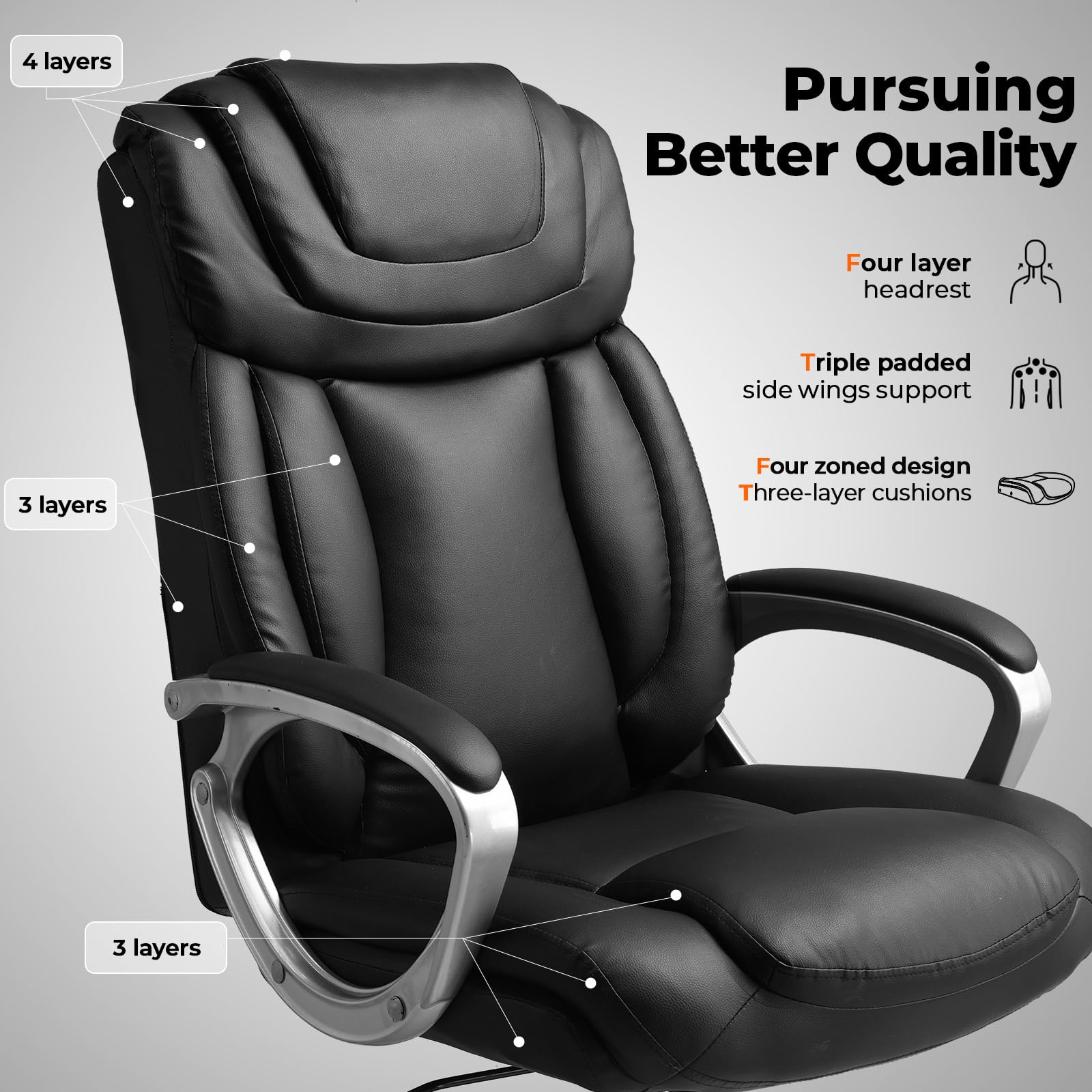 COMHOMA Ergonomic Office Chair - Adjustable Swivel Desk Chair with PU Leather, Headrest & Lumbar Support for Home & Executive Use - Perfect for Long Hours of Work, Gaming & Study Sessions