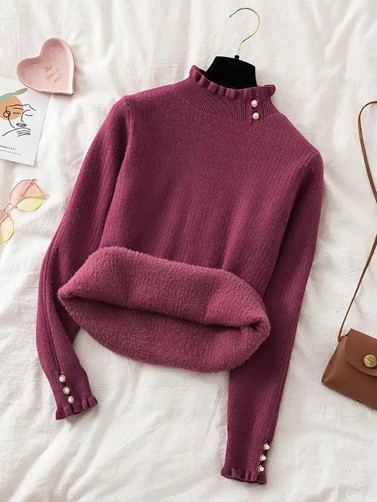 Elegant Winter Ruffled Mock Neck Sweater for Women - Cozy Knit Pullover for Casual Outfits & Holiday Gatherings