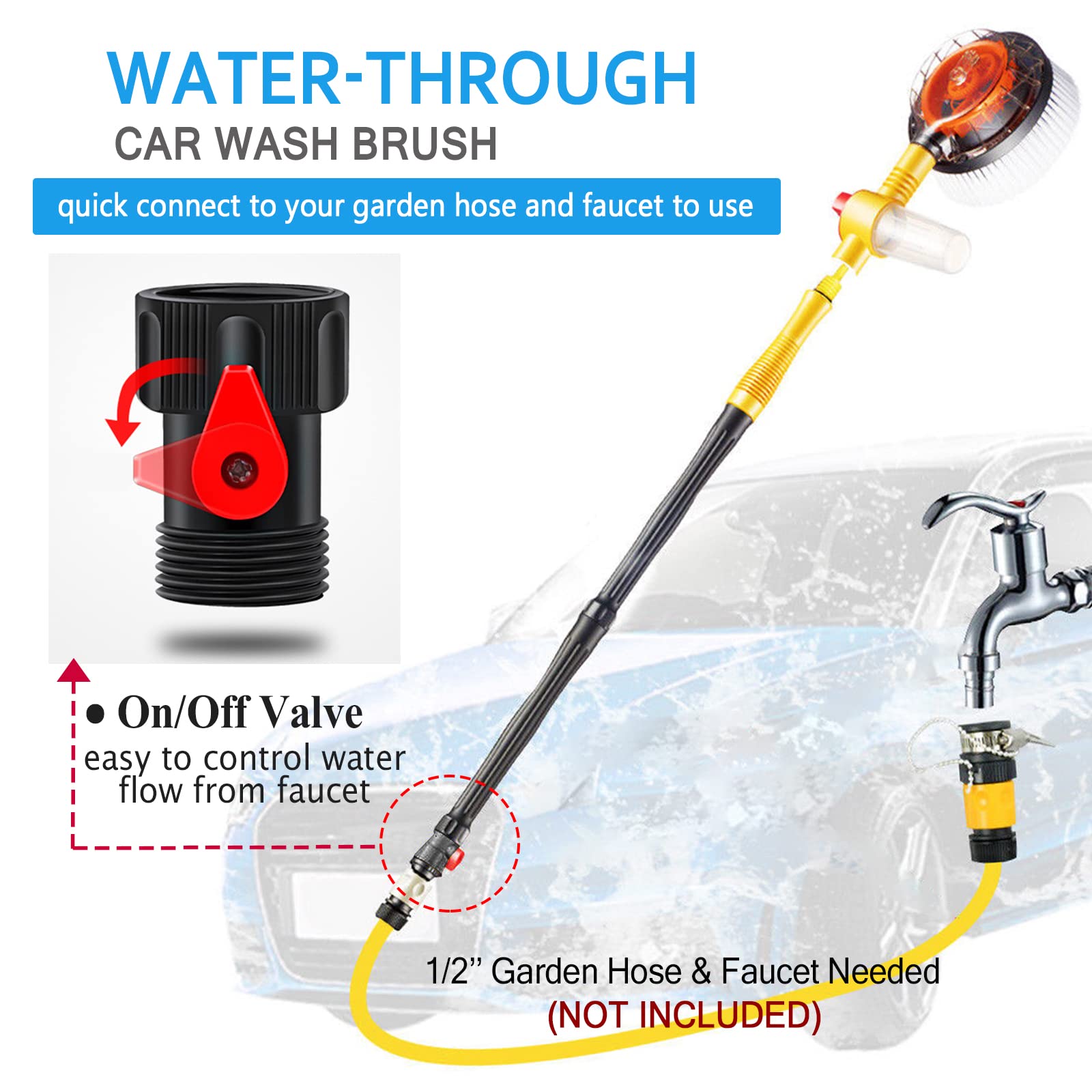 Rotating Car Wash Brush with Hose Attachment - Soft Chenille Microfiber Bristles, Long Handle Car Cleaning Brush with Soap Dispenser - Ideal for Washing Cars, Trucks, SUVs, and Boats (Yellow)