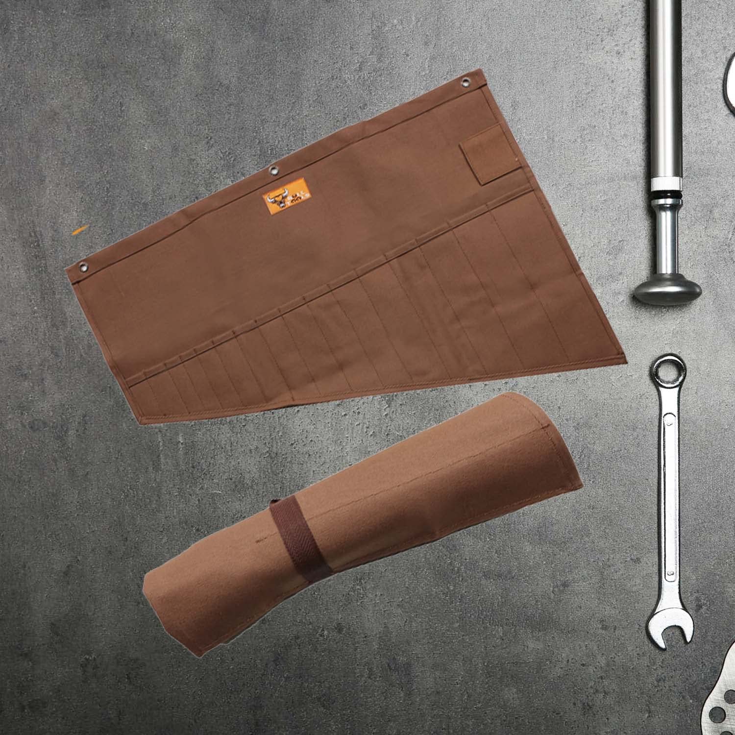 Heavy Duty Tool Pouch Roll Up Organizer - 16 Pocket Wrench Roll for SAE & Metric Tools | Handcrafted Cotton Canvas Tool Bag | Durable Portable Workshop & Garage Storage (Cinnamon Brown) - Perfect for Mechanics, DIY Projects & On-the-Go Repairs