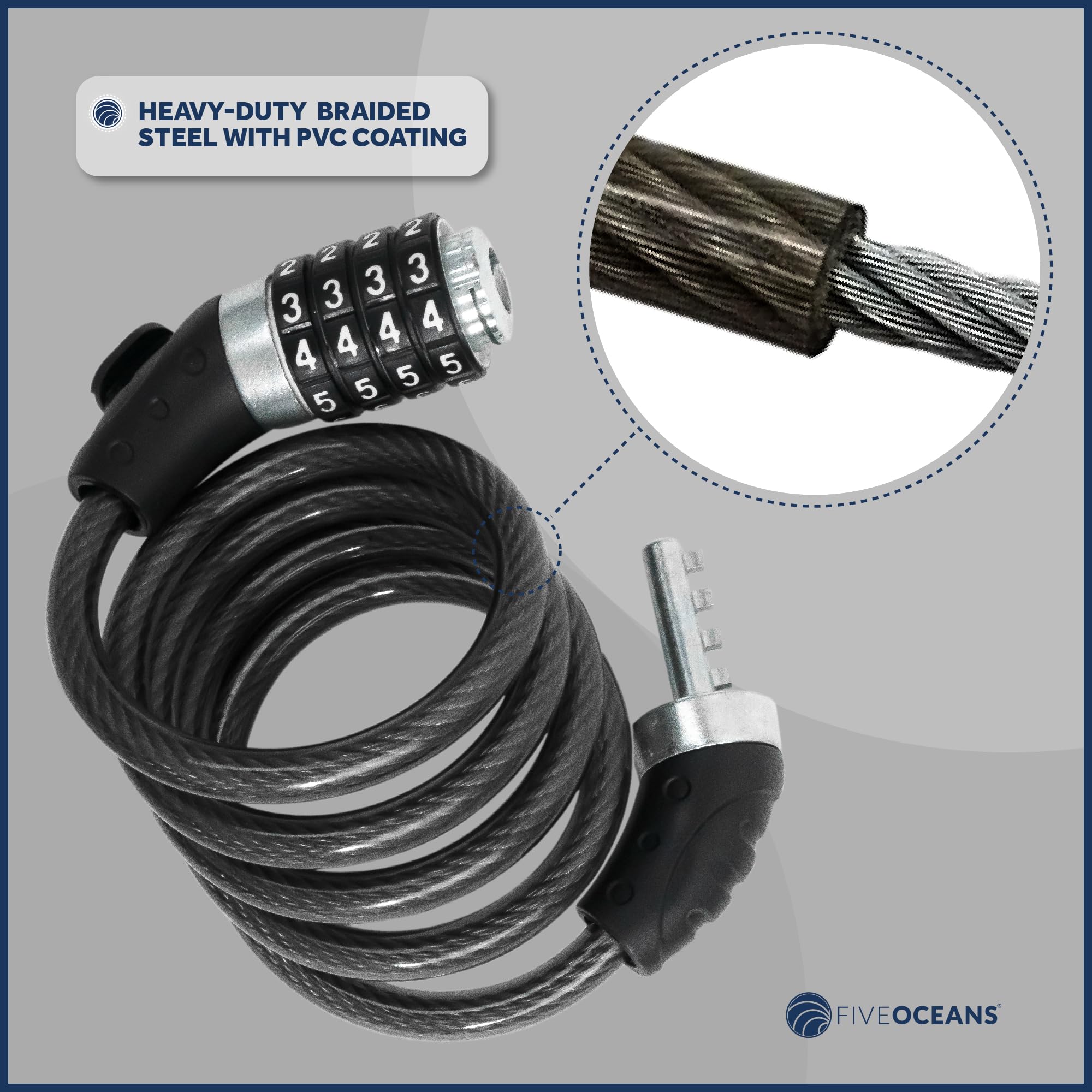 Five Oceans Heavy Duty Combination Bike Lock - 4ft Anti-Theft Security Cable with Resettable Code & Mounting Bracket for Bicycle, Motorcycle, Door, Gate, Fence | Perfect for Urban Commuting, Outdoor Adventures & Home Security - FO3957