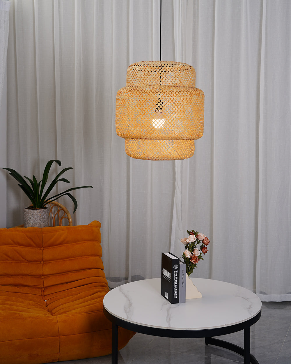 Modern Bamboo Pendant Light Fixture - Handwoven Natural Rattan Hanging Lamp for Kitchen Island, Dining Room & Bedroom Decor - Eco-Friendly Lighting Solution