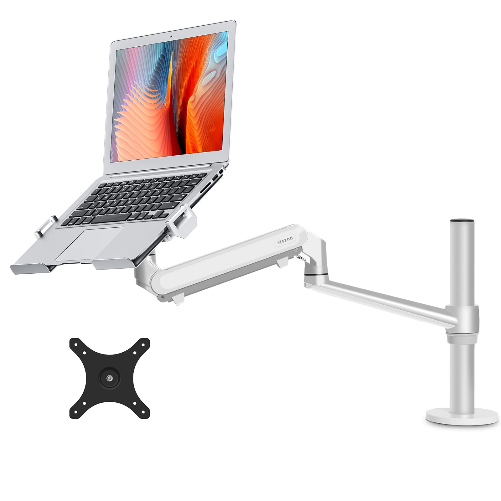 Viozon Single Gas Spring Monitor Arm with Laptop Tray - Adjustable Desk Mount Stand for 17-32 Inch Computer Screens & 12-17 Inch Laptops (1S-Pro) - Perfect for Home Office, Gaming Setup & Workspace Ergonomics