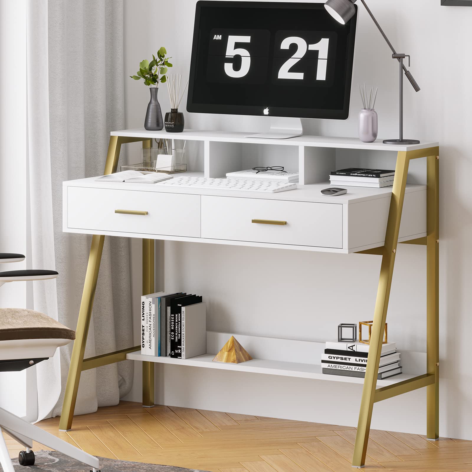 Tiptiper 41 Inch Modern Computer Desk with Drawers & Storage Shelf - White and Gold Home Office Desk with Monitor Stand, Study Writing Table, Laptop PC Workstation (Perfect for Small Spaces, Home Office, Gaming Setup & Remote Work)
