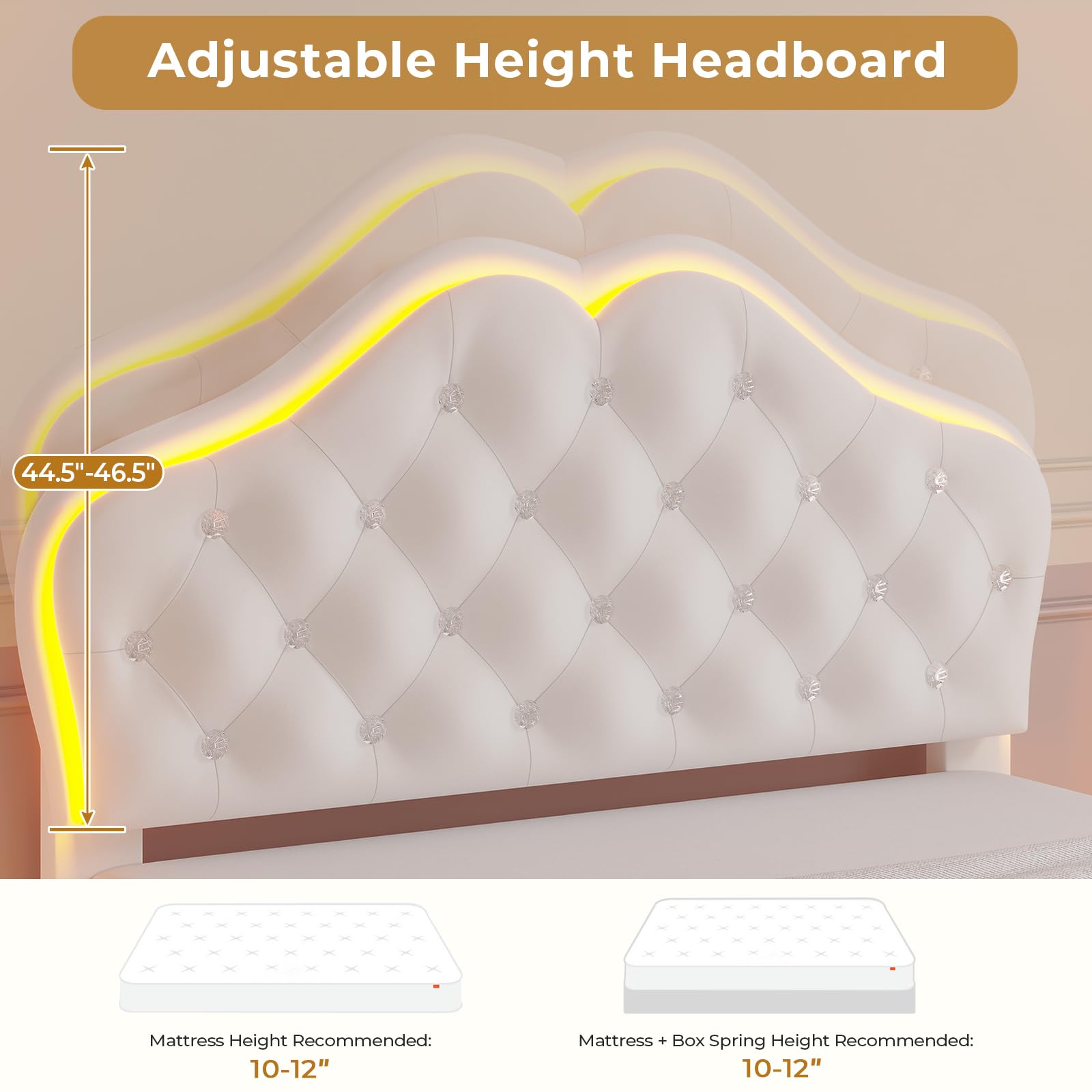 ADORNEVE Twin Bed Frame with RGB LED Lights & Adjustable Crystal Headboard - Velvet Upholstered Platform Bed for Girls with Solid Wood Slats - Easy Assembly Cream White - Perfect for Princess Themed Bedrooms & Teen Girls' Sleepovers