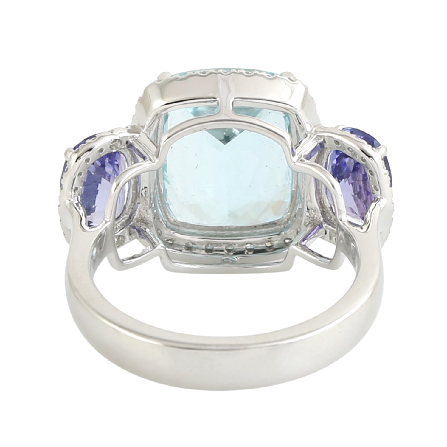 Exquisite Cushion Cut Aquamarine & Tanzanite Three Stone Ring with Pave Diamonds in 14K White Gold | Elegant Engagement, Anniversary & Wedding Jewelry Gift for Her