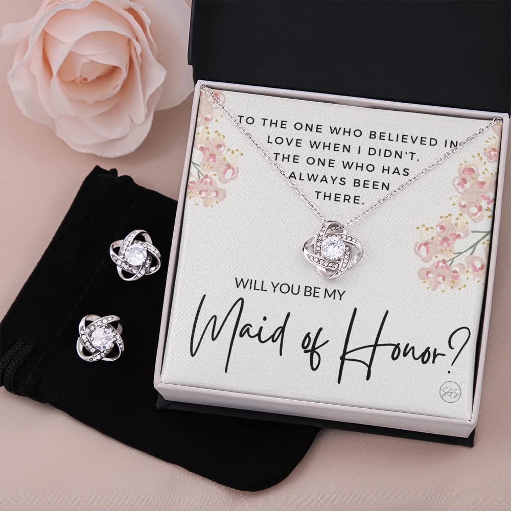 Elegant Maid of Honor Proposal Jewelry Set - Sterling Silver Earrings & Necklace Gift for Bridesmaid | 'Will You Be My MOH?' Bridal Proposal Present | Perfect for Wedding Party, Bachelorette & Bridal Shower