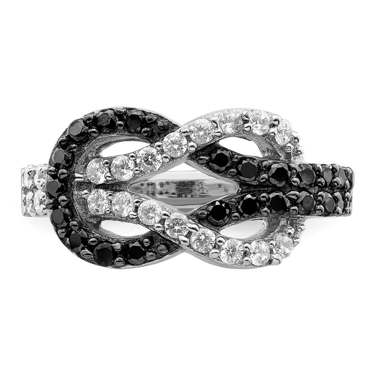 925 Sterling Silver Rhodium Plated Black & Clear CZ Cubic Zirconia Love Knot Ring for Women - Elegant Simulated Diamond Statement Jewelry for Anniversary, Valentine's Day & Special Occasions