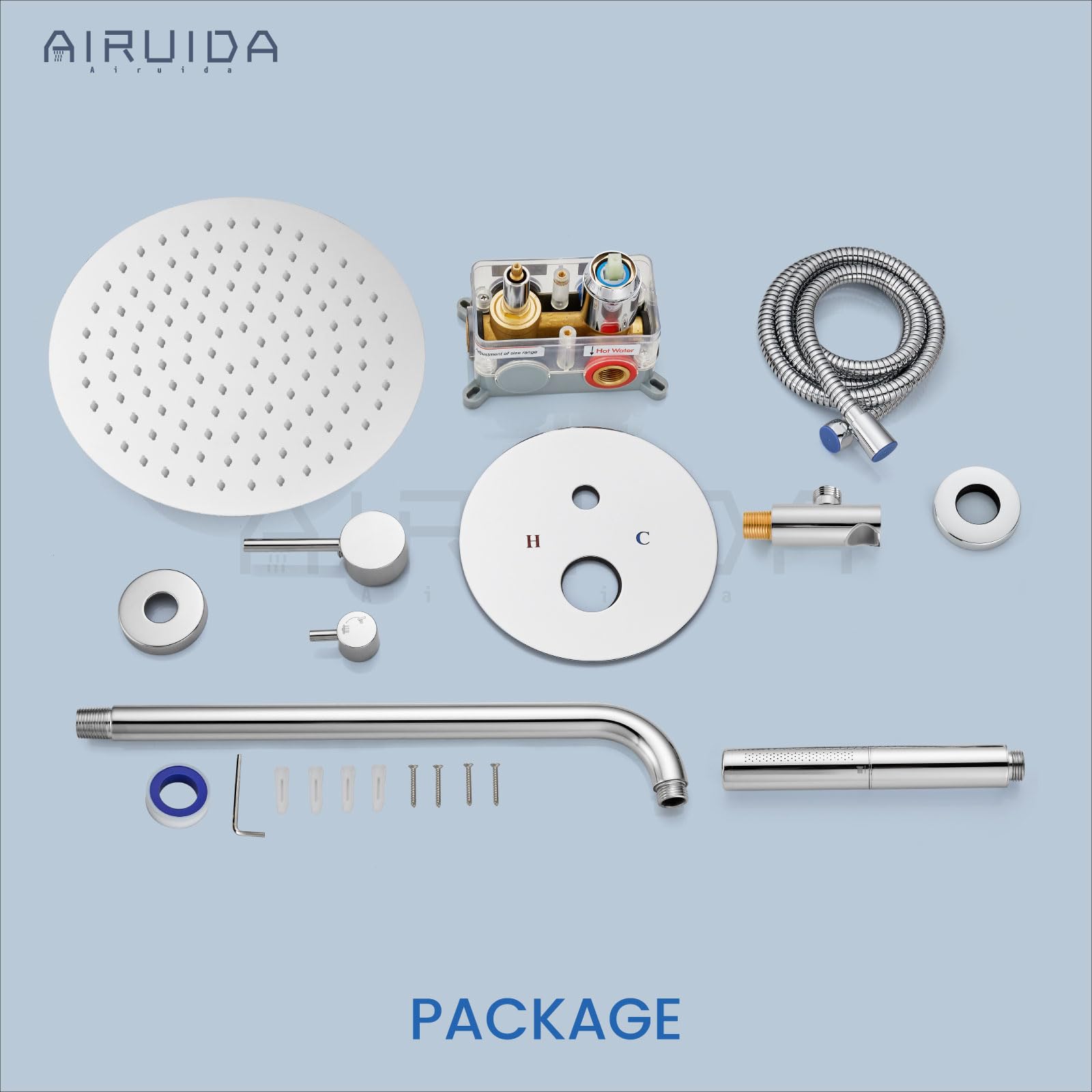 Airuida 2-Function Wall Mounted Shower Faucet Set - High Pressure Brass Handheld Shower with Rough-in Valve & 10 Inch Round Rainfall Shower Head in Chrome Polish for Bathroom | Perfect for Modern Home Spa Experience & Water-Saving Shower Upgrade
