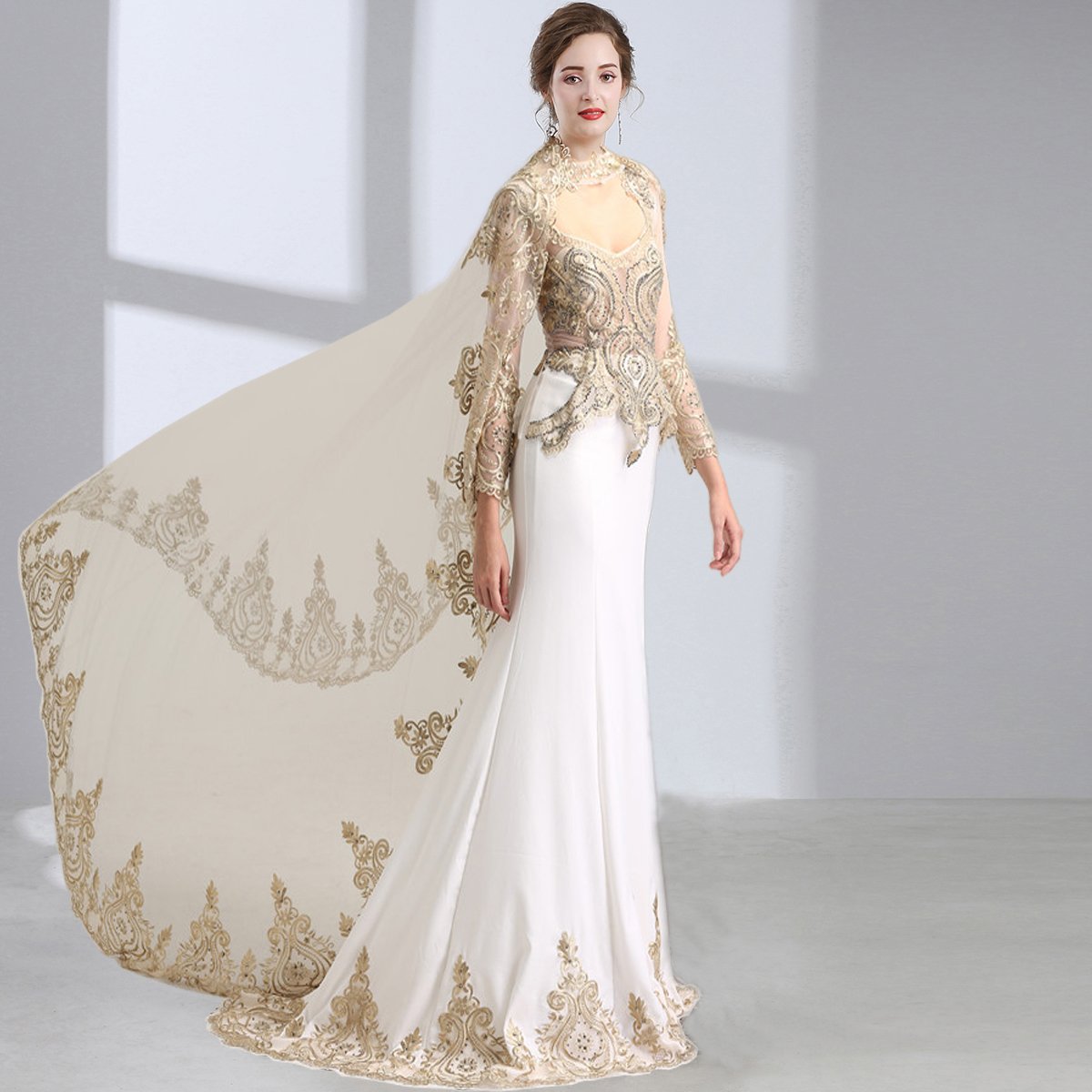 Elegant Gold Lace Mermaid Prom Dress for Women - Satin Wedding Gown with Detachable Tulle Cape | Perfect for Formal Dances, Evening Galas & Bridal Events