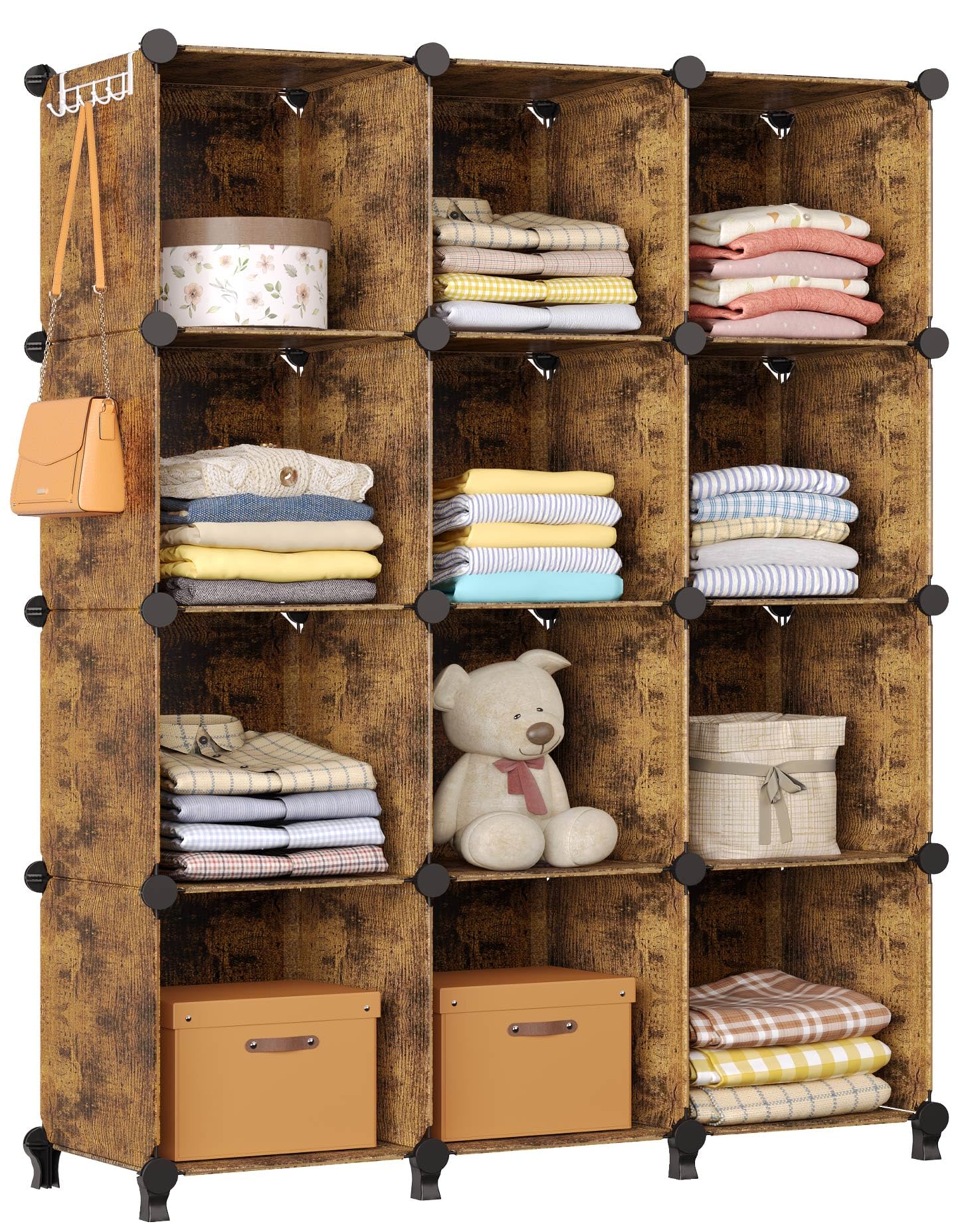 GREENSTELL 12-Cube Closet Organizer with Rubber Mallet - Portable Storage Shelves for Kids Clothes, Bedroom, Office (11.8x11.8x11.8 Inch) - Rustic Brown - Perfect for Small Spaces, Nursery Organization & Home Office Storage