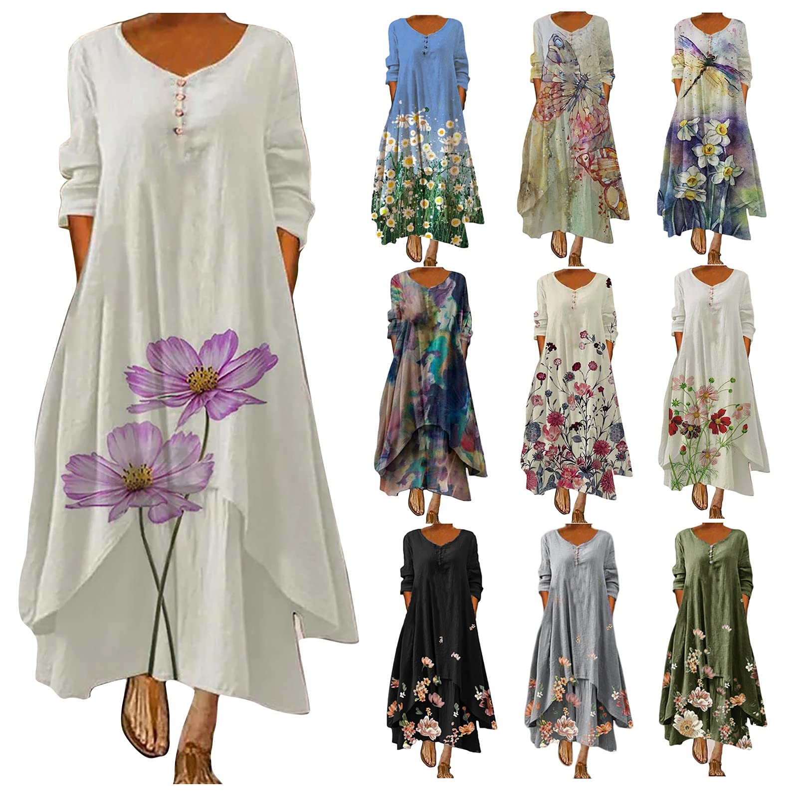 **LINKIOM Women's Floral Print Casual Dress - Long Sleeve Loose Fit Maxi Dress with O-Neck & Asymmetrical Hem | Perfect for Spring, Summer, Beach, Vacation & Everyday Wear**