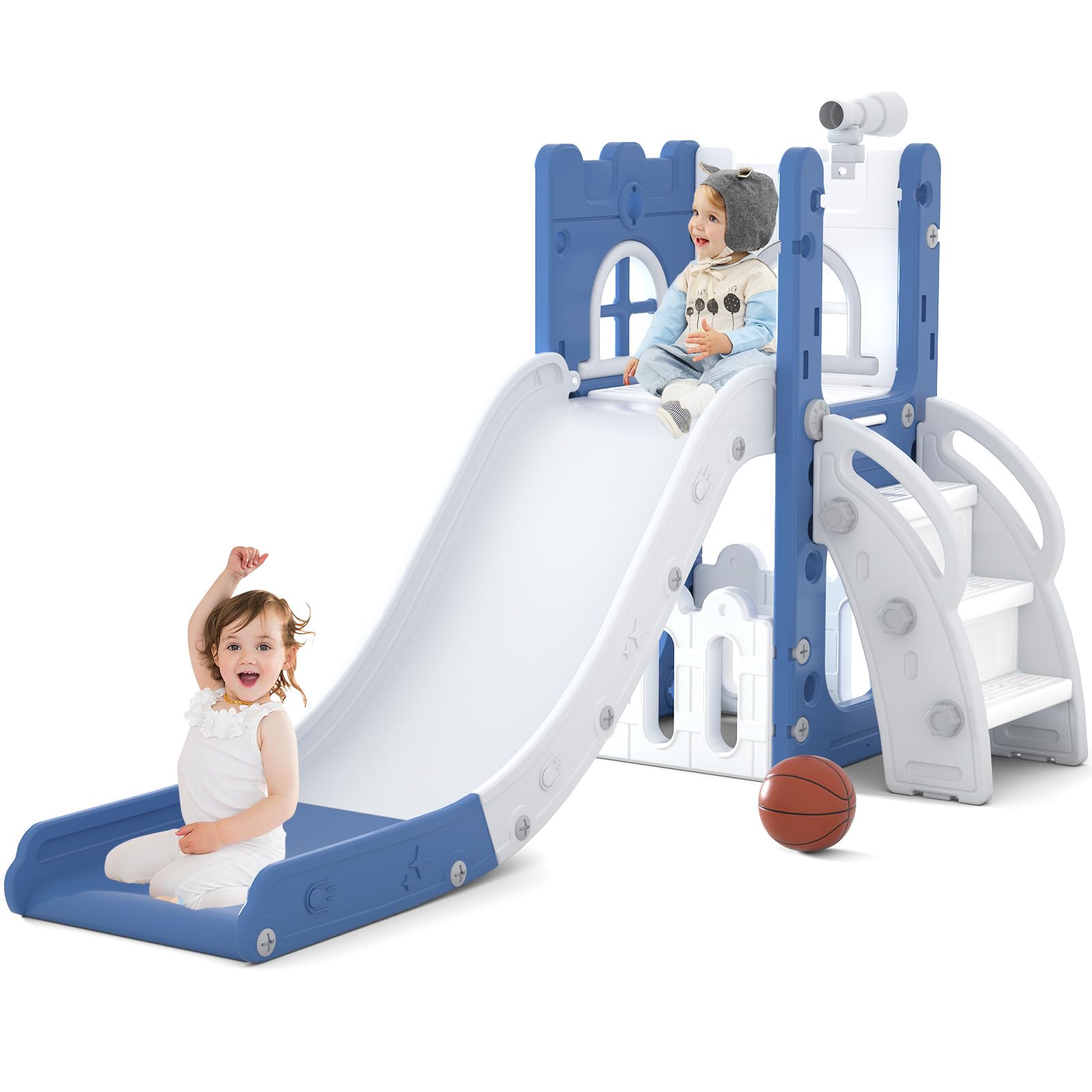 MOCUTEEN 6-in-1 Toddler Slide & Playset - Indoor/Outdoor Baby Playground with Basketball Hoop, Storage Bin & Telescope - Climbing Toys for Kids Ages 1-3 - Perfect for Backyard, Park & Daycare Play Areas