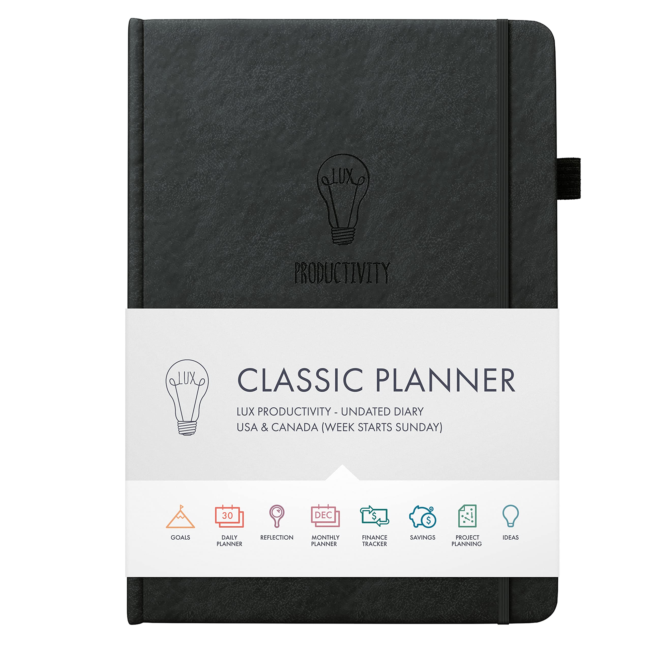 **LUX Productivity Classic Undated Planner 2023 – Daily & Weekly Planner with Hourly Schedule, To-Do List, Habit Tracker & Organizer – Perfect for Work, School, Goal Setting & Time Management (Black)**