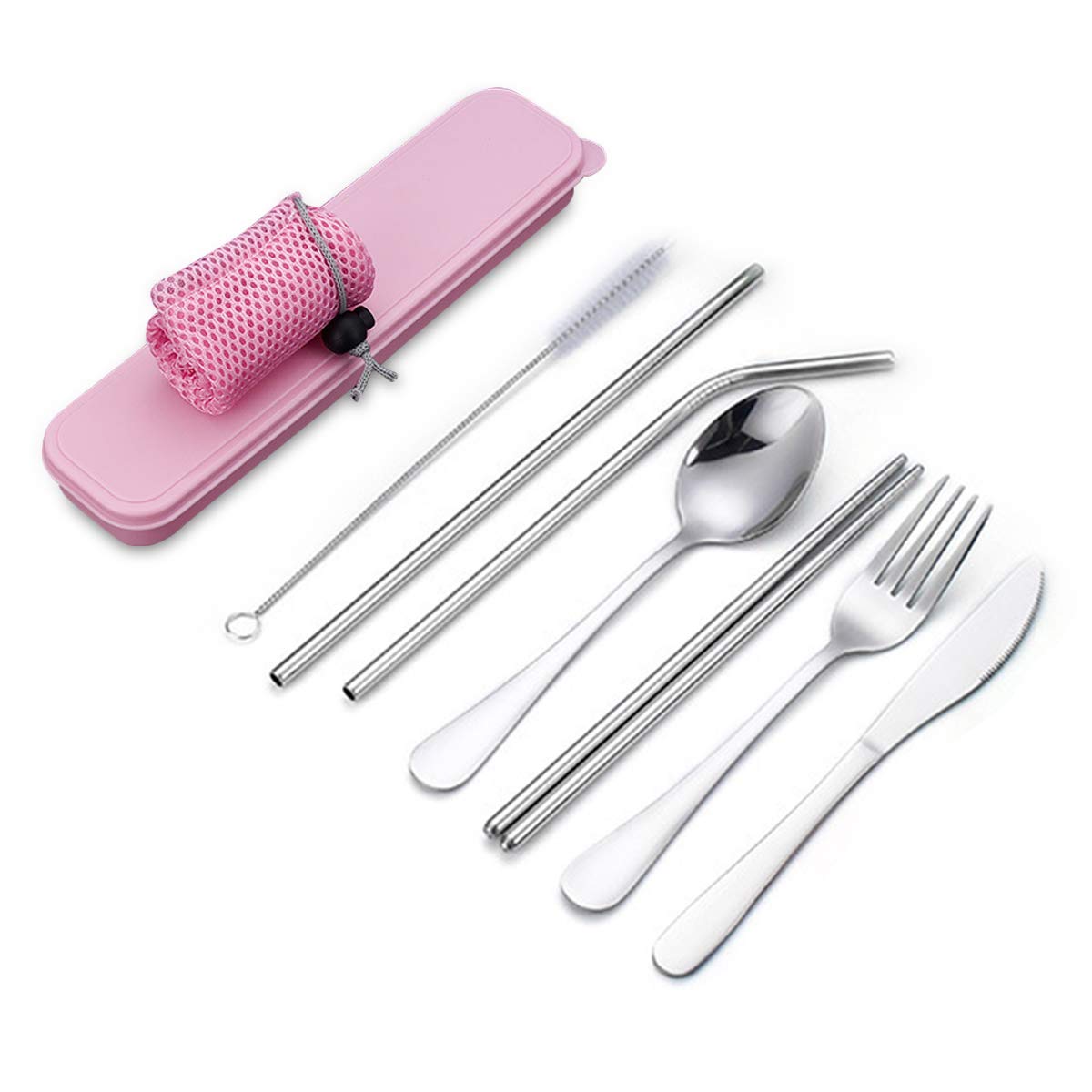 Eco-Friendly Reusable Travel Utensil Set with Case - 7 PCS Portable Cutlery Kit (Knife, Fork, Spoon, Chopsticks, Straws & Cleaning Brush) | BPA-Free, Lightweight & Compact for Camping, Picnics, Office Lunch & On-the-Go Meals (Pink)