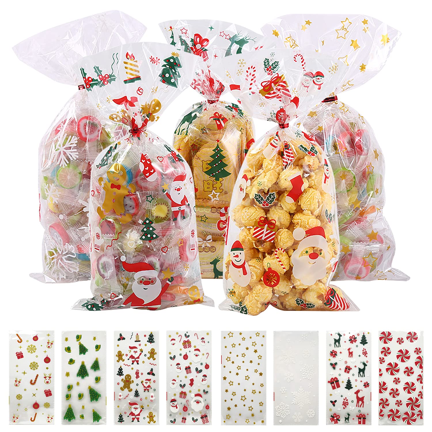 Maykah 200pcs Christmas Cellophane Treat Bags - Iridescent Candy Goodie Bags with Twist Ties for Holiday Party Favors, Gift Wrapping & Home Decor | Perfect for Xmas Gifts, Cookie Packaging & Festive Decorations