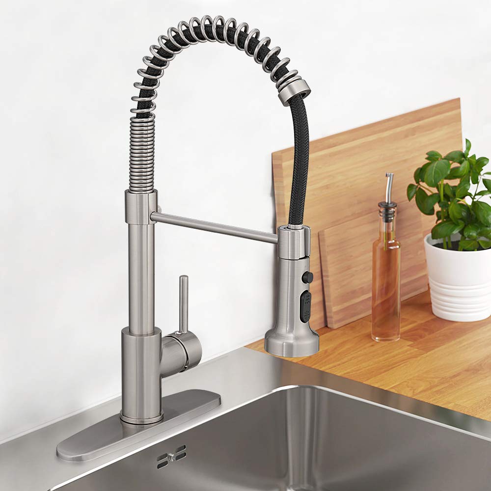 Hoimpro High Arc Brushed Nickel Spring Kitchen Faucet with Pull Down Sprayer - 3 Function Single Handle Laundry Faucet for RV, Home & Commercial Use - Durable Brass Construction (Single or 3 Hole Installation) - Perfect for Modern Kitchens, Camper Sinks & Utility Rooms