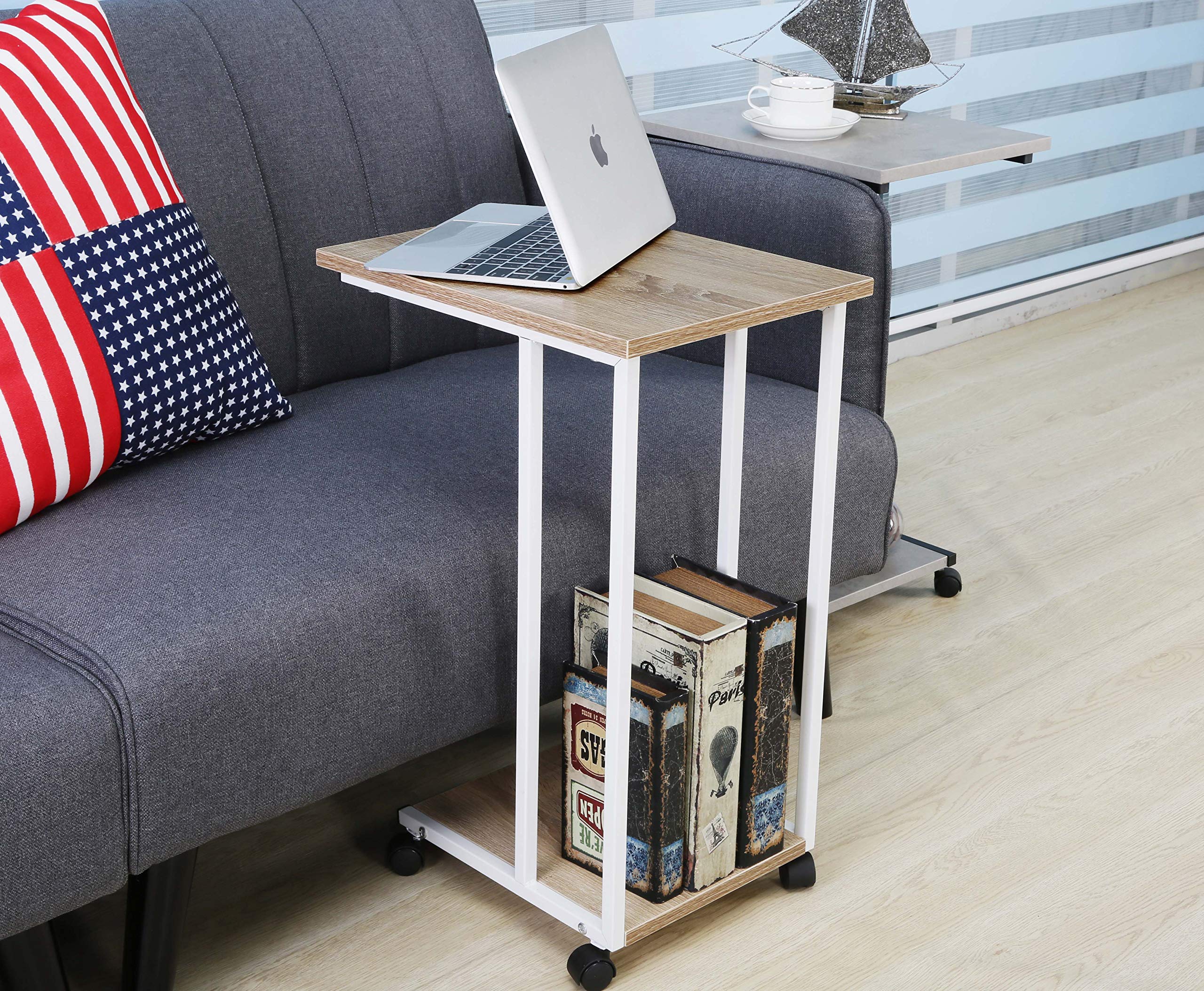 JJS Side End C Table for Sofa - Slim Slide Under Couch Table with Storage, Oak/White Finish - Perfect Snack Table for Small Spaces in Living Room, Bedroom or Dorm