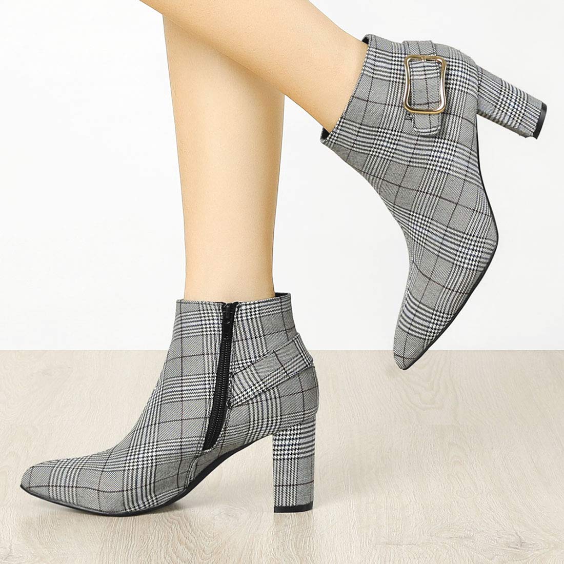 Allegra K Women's Plaid Pointed Toe Chunky Heel Ankle Boots - Stylish Fall Winter Fashion Booties for Office, Party & Night Out