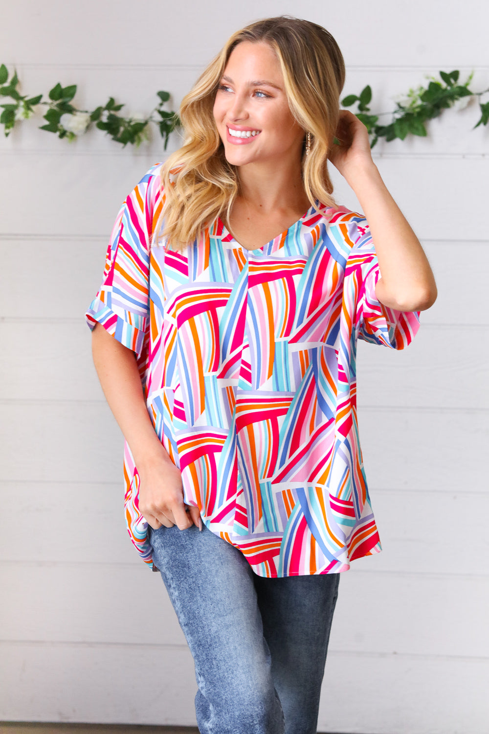 Stylish Blue & Fuchsia Geometric Print Woven Top for Women | Trendy Casual Blouse for Summer Outfits, Office Wear & Date Nights