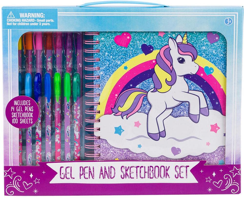 Unicorn Gel Pen and Sketchbook Set for Kids - 14 Vibrant Gel Pens & 100-Sheet Spiral Notebook for Coloring, Drawing, and Creative Writing | Perfect for School, Art Class, and Birthday Gifts