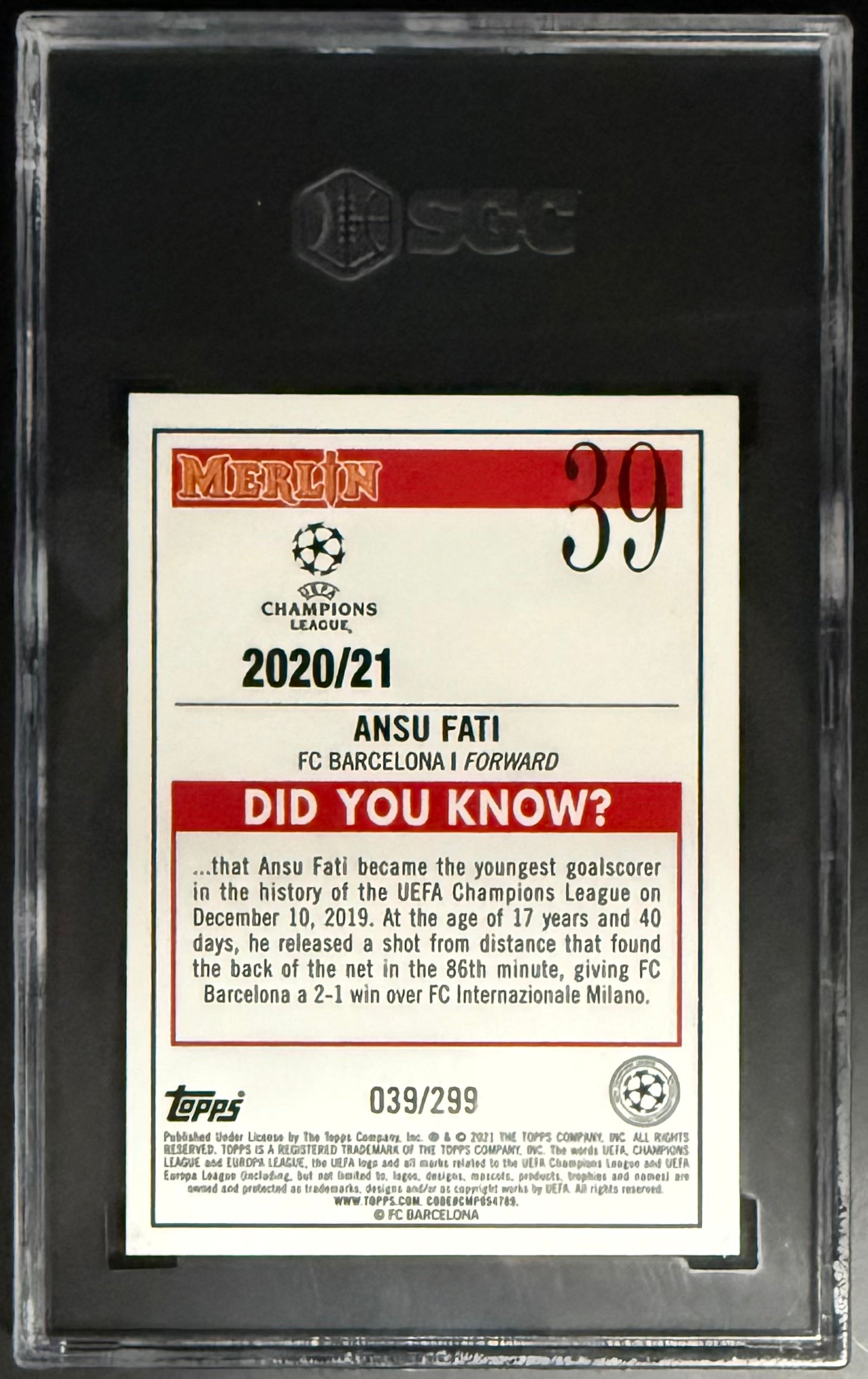 2020-21 Topps UEFA Chrome Merlin Ansu Fati Purple Refractor #39/299 SGC 9.5 Graded Soccer Card - Perfect for Collectors, Investors & FC Barcelona Fans
