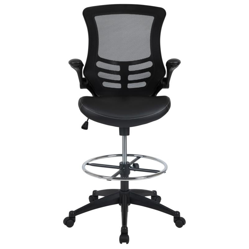 Kelista Mid Back Black Mesh Ergonomic Drafting Chair with LeatherSoft Seat - Adjustable Foot Ring & Flip-Up Arms - Perfect for Architects, Designers & Home Office Workspaces