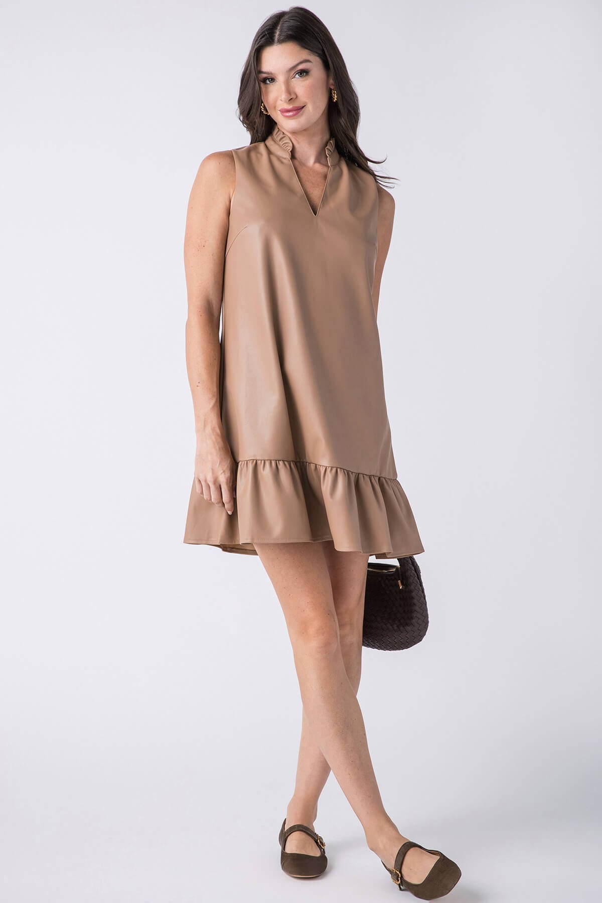 THML Sleeveless Faux Leather Split Neck Dress for Women - Sexy Bodycon Mini Dress for Night Out, Party & Club Wear