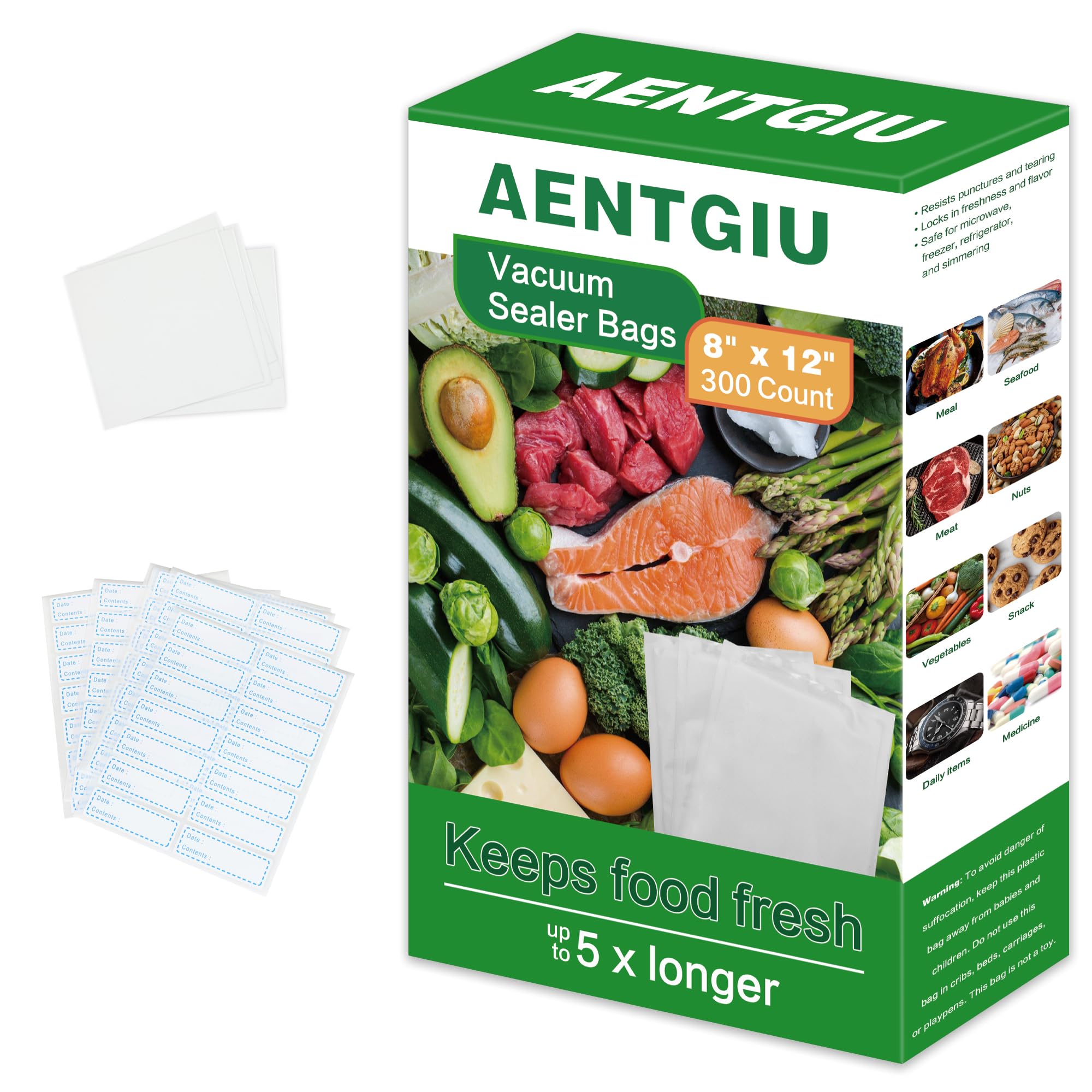 AENTGIU 300-Count BPA Free Vacuum Sealer Bags 8x12 Inch - Thick Commercial Grade Sous Vide Bags for Food Saver, Seal a Meal & All Vacuum Machines - Perfect for Meal Prep, Sous Vide Cooking & Long-Term Food Storage