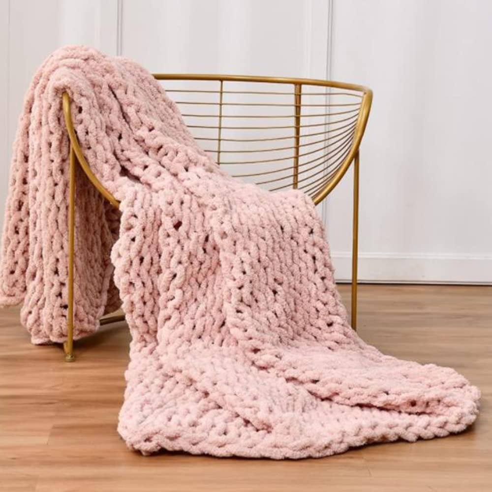 LKP Thick Crochet Blanket - Handmade Chunky Knit Throw - Large Soft Chenille Knitted Blanket 200x200cm (79x79in) - Perfect for Sofa, Bed, Couch & Home Decor - White/Cream/Beige/Pink/Red (Color: Pink)