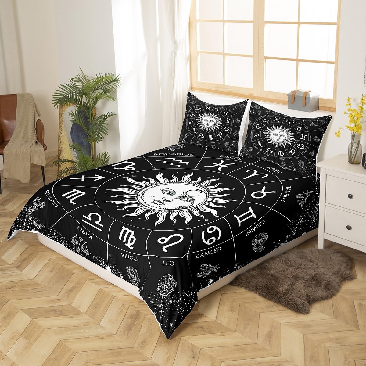 Manfei Queen Size Sun and Moon Zodiac Constellation Duvet Cover Set - 3 Piece Astrology Bedding for Kids, Boys & Girls (Black & White, Includes 2 Pillowcases, Comforter Not Included) - Perfect for Themed Bedrooms, Teen Rooms & Celestial Decor