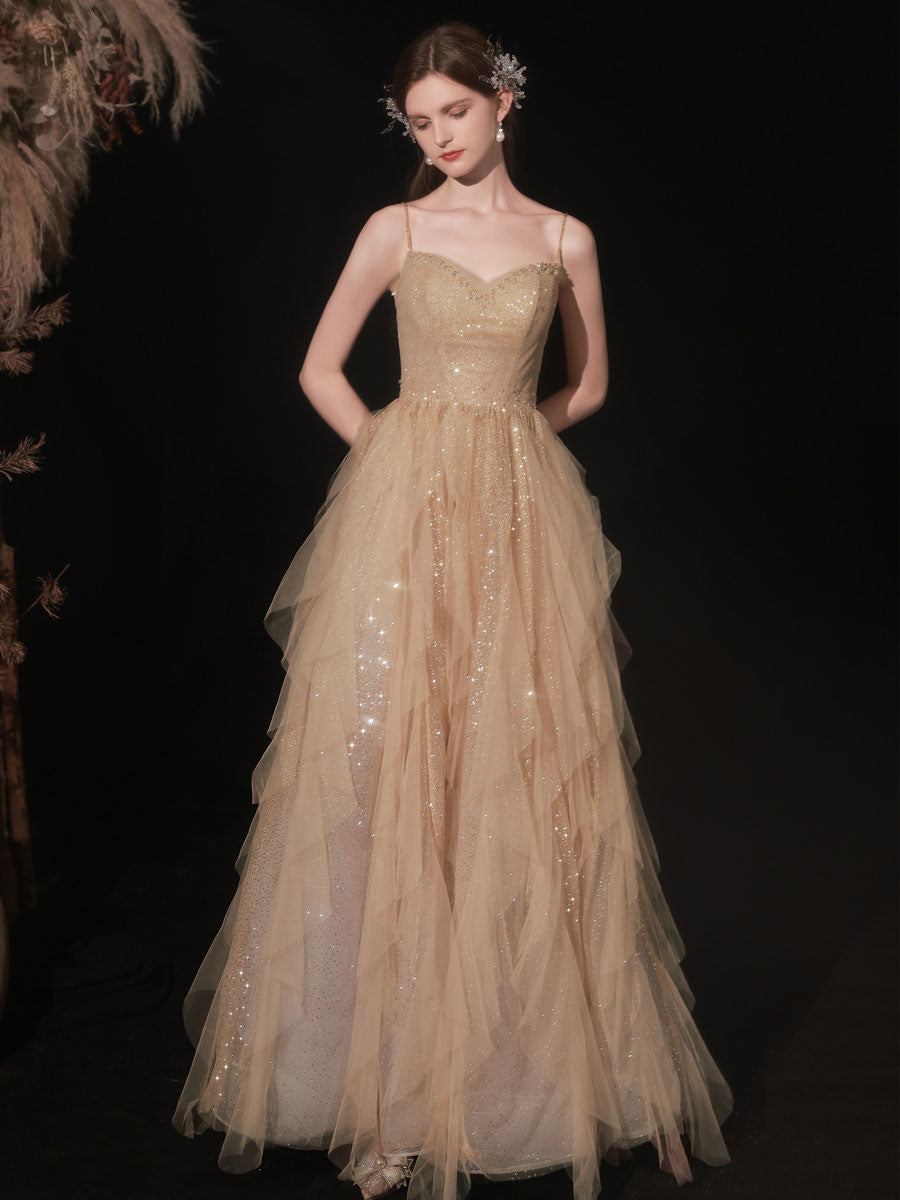 Elegant Champagne Tulle Sequin Long Prom Dress for Women - Formal Evening Gown for Homecoming, Ball, Wedding & Special Occasions