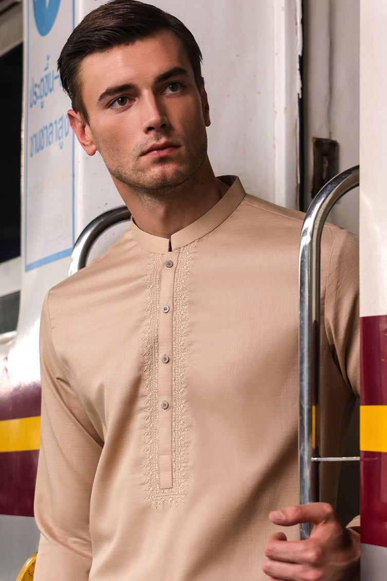 Premium Cotton Beige Shalwar Kameez by J. Junaid Jamshed - Traditional Pakistani Outfit for Men, Eid & Wedding Party Wear