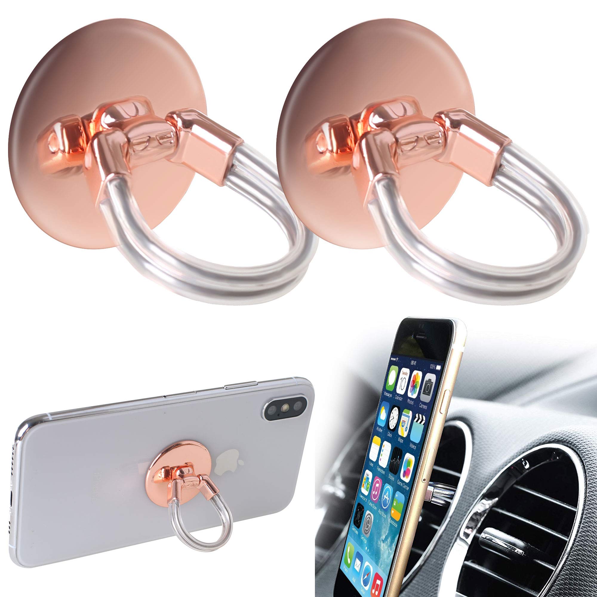 Universal 2-Pack Air Vent Car Phone Holder Stand - Finger Grip Phone Ring for iPhone & Android (Rose Gold) | Perfect for Safe Driving & Hands-Free Navigation