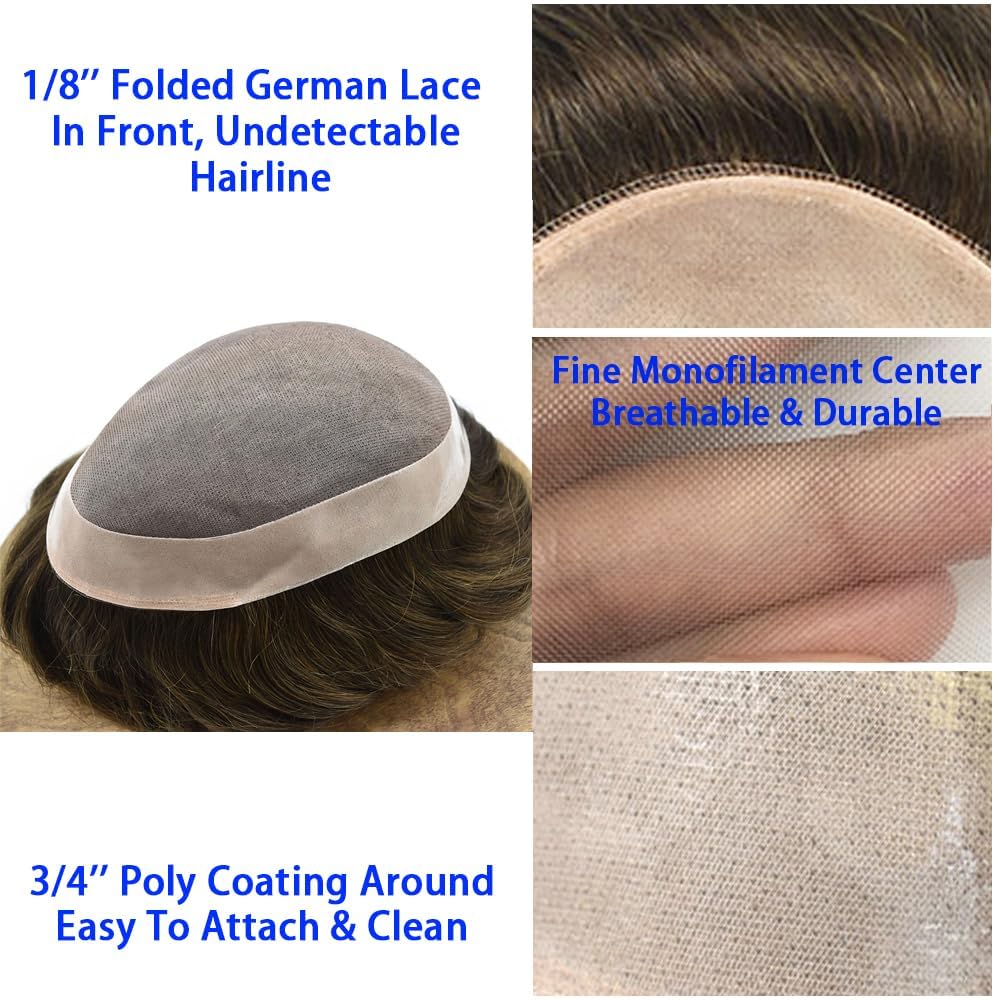 Premium Men's Toupee - European Human Hair Replacement System - Durable Fine Monofilament with Poly Coating - 3# Dark Brown - Medium Density 6x9 - Natural Looking Hairpiece for Daily Wear & Special Occasions