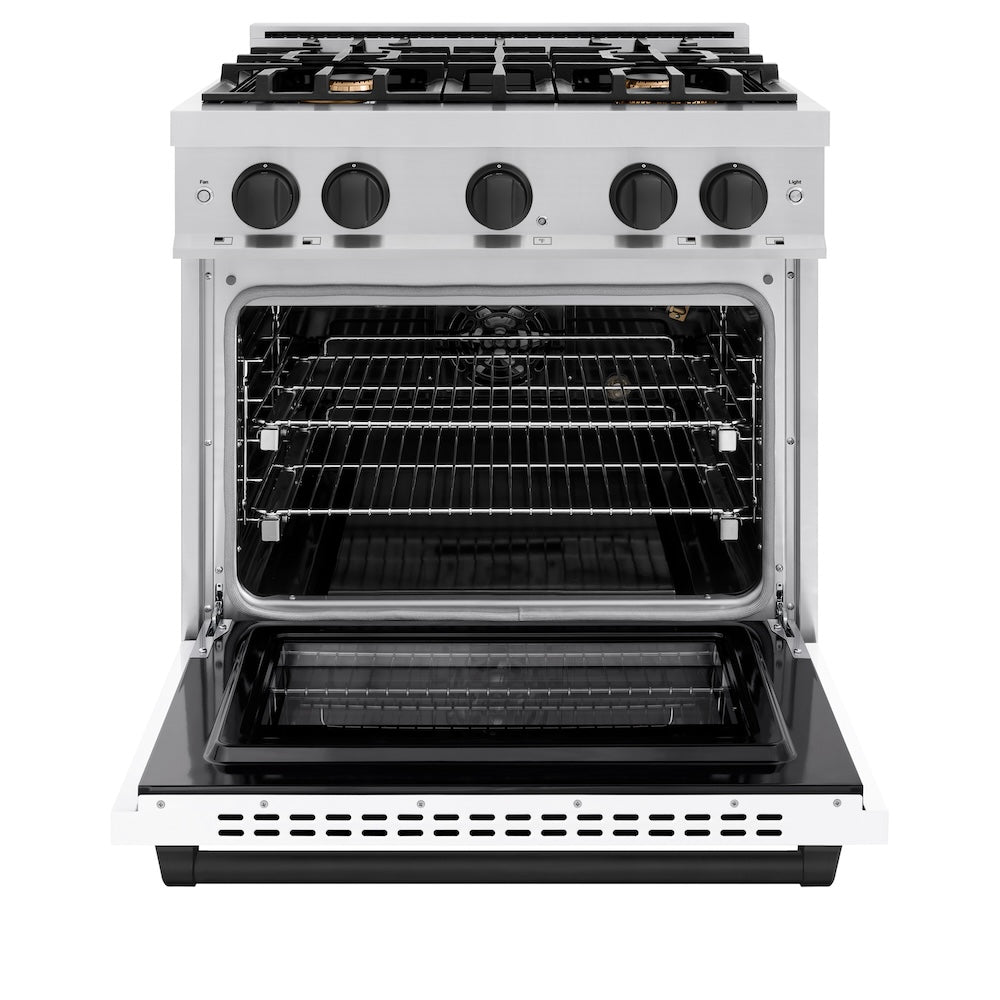 ZLINE Autograph Edition 30-inch 4.2 cu. ft. Stainless Steel Gas Range with 4-Burner Cooktop & Convection Oven - White Matte Door & Black Accents (HGRZ WM 30 MB) for Professional Home Kitchens & Modern Cooking