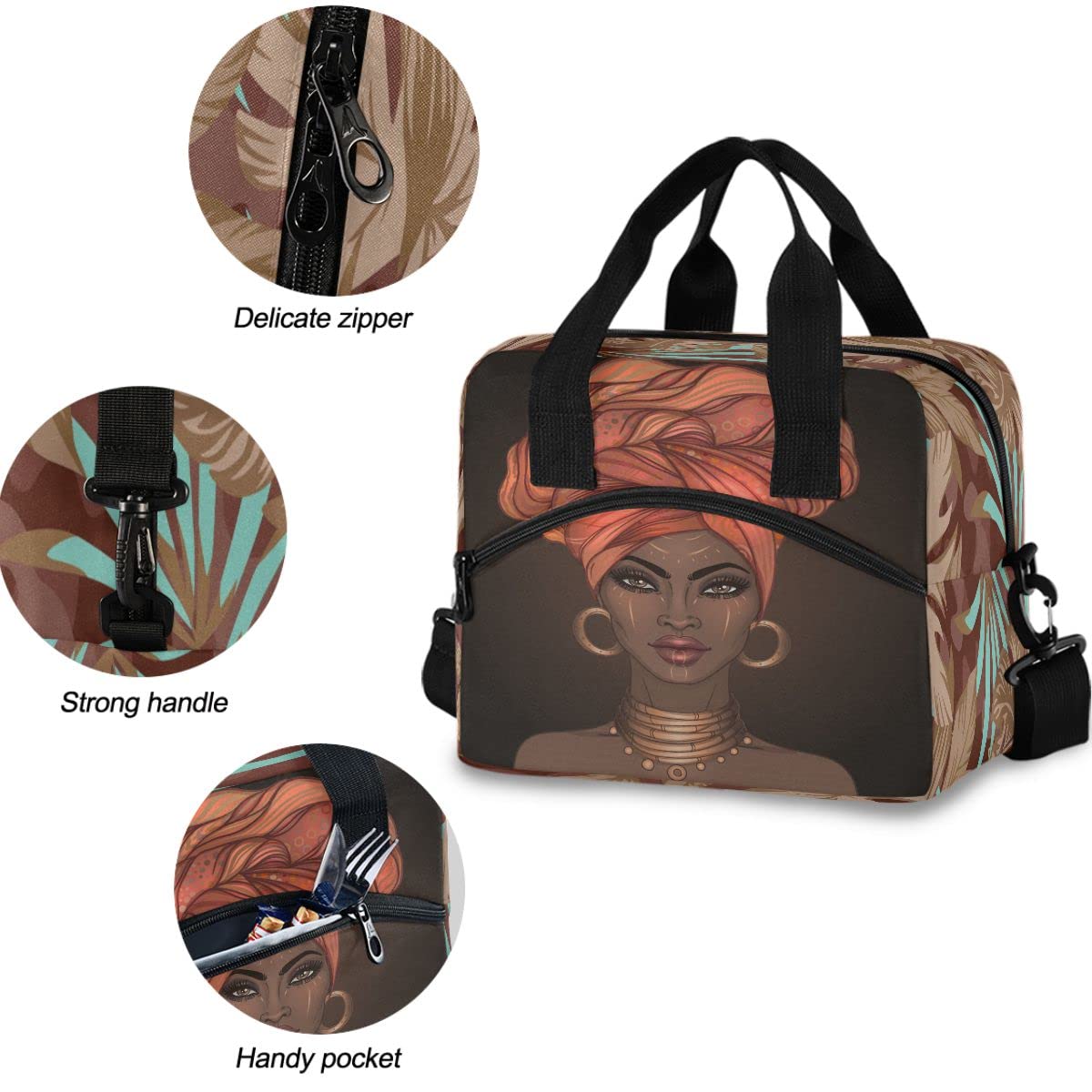 Insulated Lunch Bag for Women & Men - Reusable Leakproof Lunch Box for Work, School & Picnics - African American Design Lunch Tote with Cooler Function