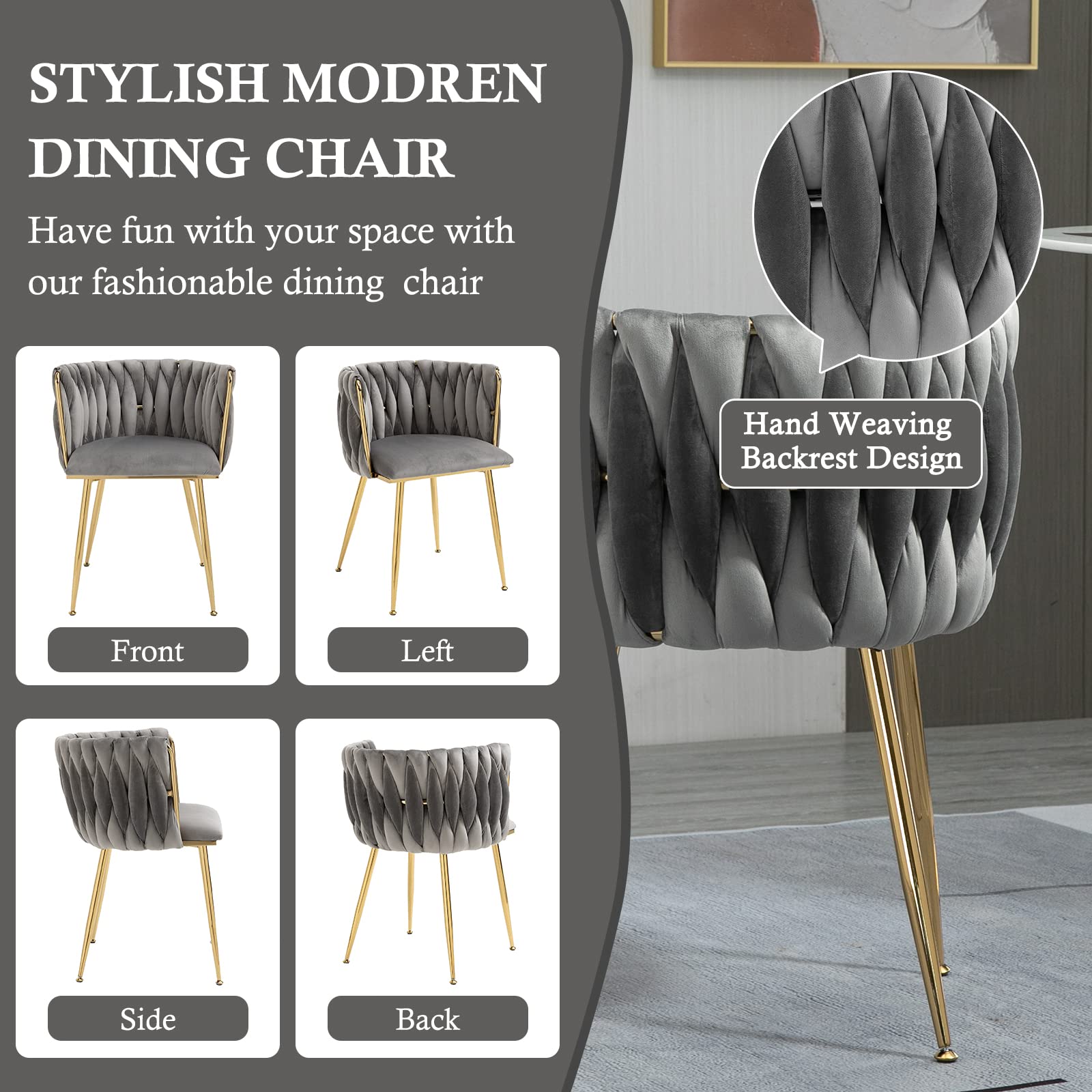 Modern Velvet Dining Chairs Set of 2 - Hand Woven Upholstered Accent Chairs with Golden Metal Legs for Living Room, Kitchen, Dining Room & Vanity - Grey Velvet Side Chairs for Home Decor & Entertaining