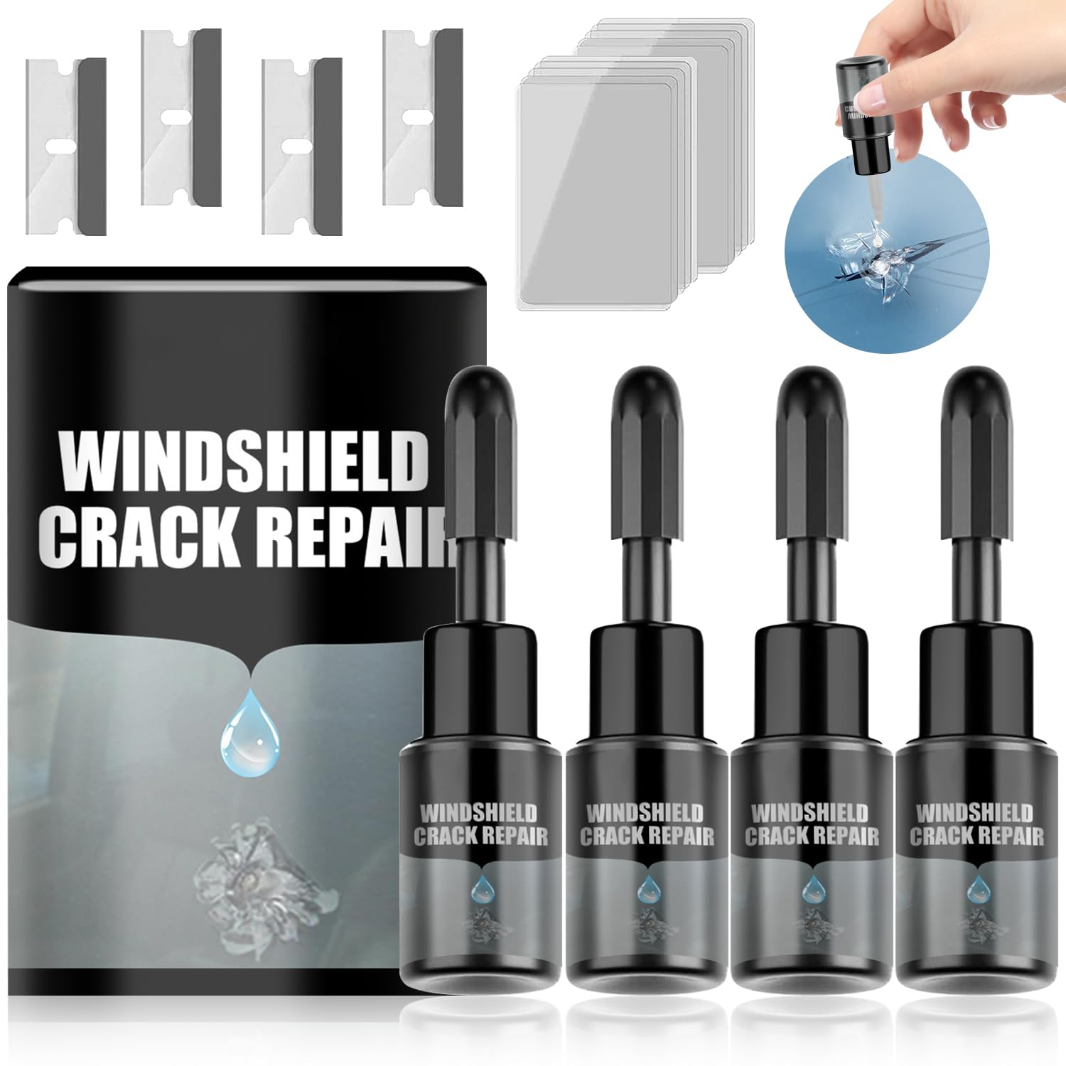Windshield Crack Repair Kit - 4 Set Car Window Repair Fluid for Chips & Star Shaped Cracks | Automotive Windscreen Glass Repair Tool | DIY Fix for Road Trip & Daily Driving Safety