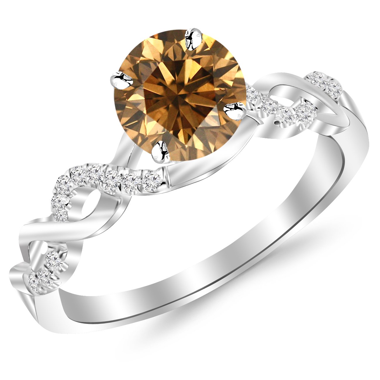 0.88 Carat 14K White Gold Twisting Infinity Diamond Engagement Ring with 0.75 Carat Natural Champagne Diamond Center - Split Shank Pave Setting, Heirloom Quality Jewelry for Proposals, Anniversaries & Special Occasions