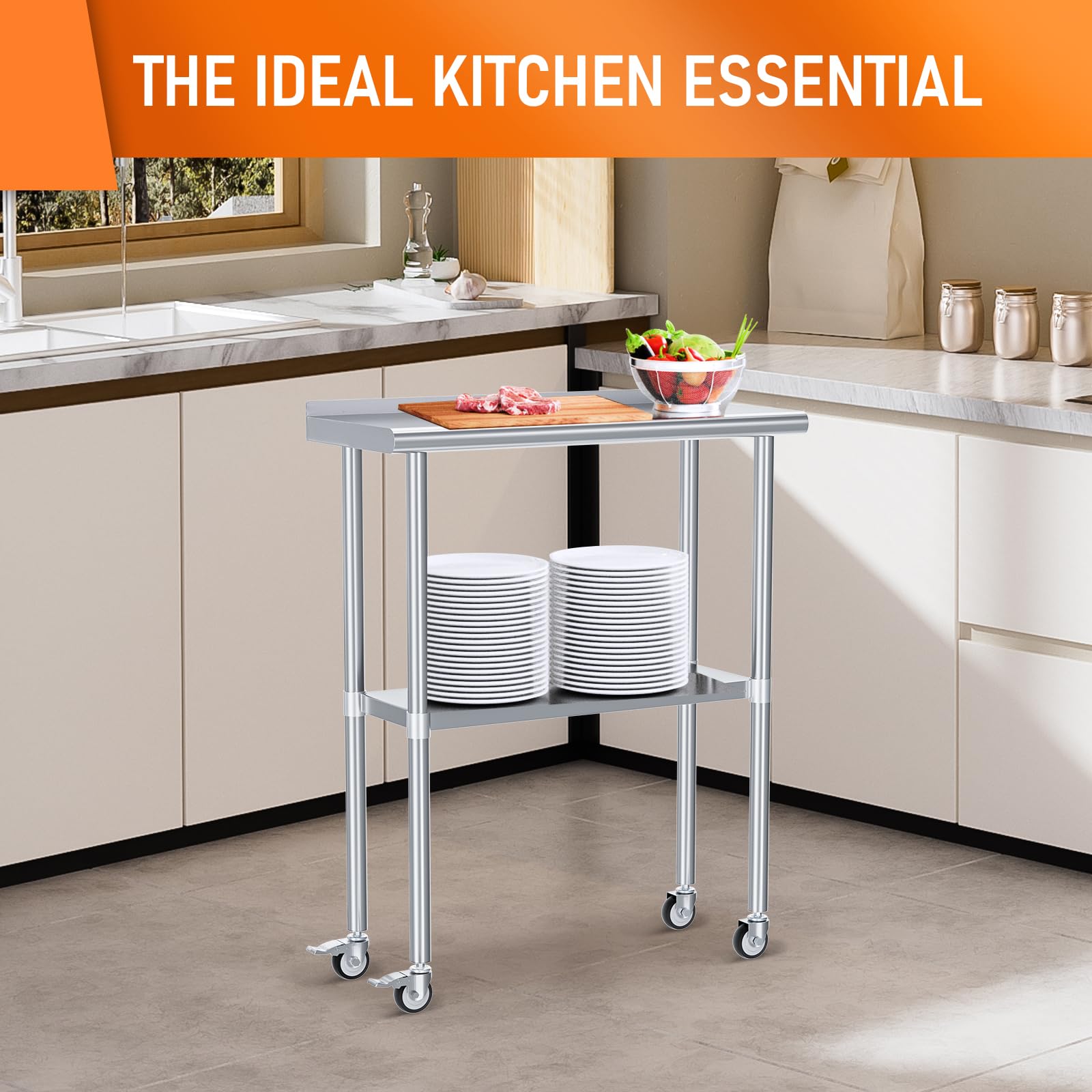 Stainless Steel Prep & Work Table with Adjustable Shelf, Backsplash & Wheels - 14