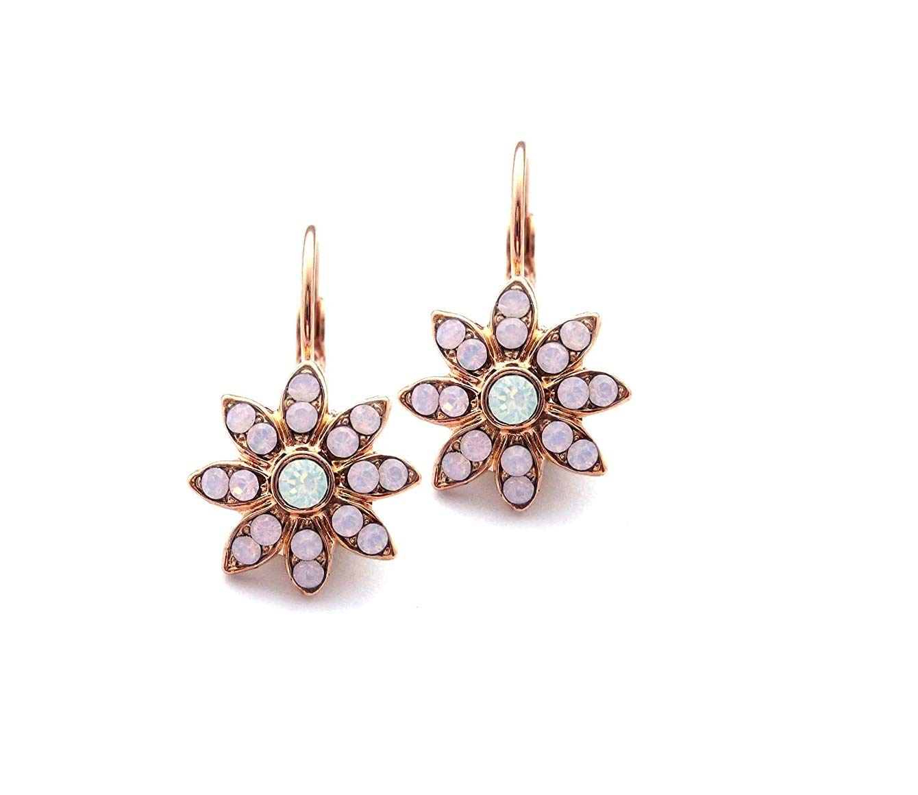 Genuine Austrian Crystal Flower Cluster Earrings - Rose Water Opal & White Opal Snowflake Design, Lever Back Rose Gold Finish | Elegant Jewelry for Weddings, Parties & Special Occasions