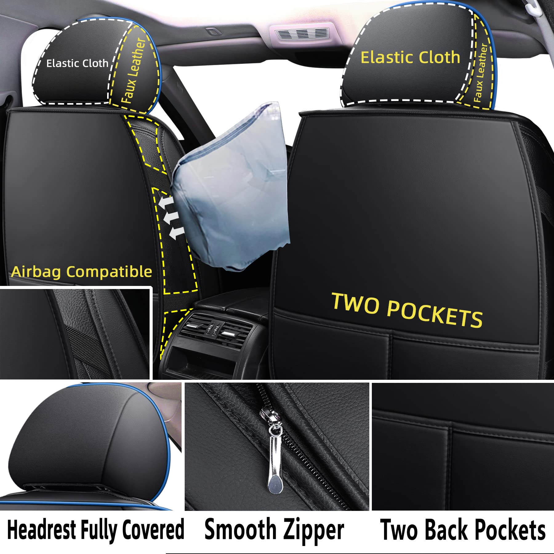 Premium Universal Leather Car Seat Covers - Waterproof Faux Leatherette Cushion Protectors for Cars, SUVs & Trucks (Black & Blue Full Set) | Auto Interior Accessories for Comfort & Style | Perfect for Daily Commutes, Road Trips & Family Travel